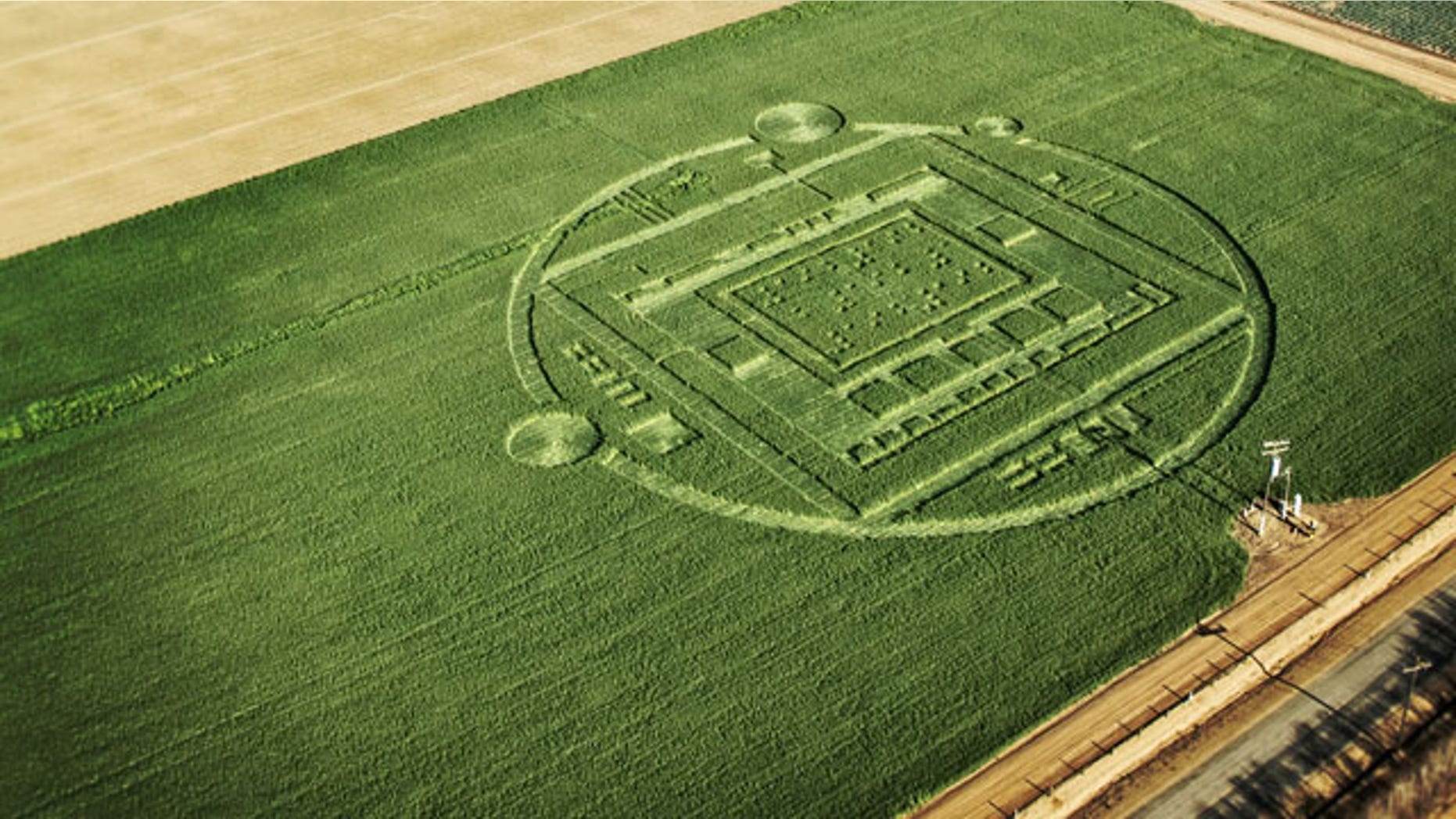 January 6, 2014: This photo provided by NVIDIA shows a 310-foot “crop circle” in a barley field Chualar, Calif., that contains a stylized image of a computer chip and the number “192” in Braille. The company announced the Tegra K1, a new chip for tablets and smartphones that contains 192 computing “cores,” or mini-computers, for graphics applications. (AP Photo/NVIDIA)