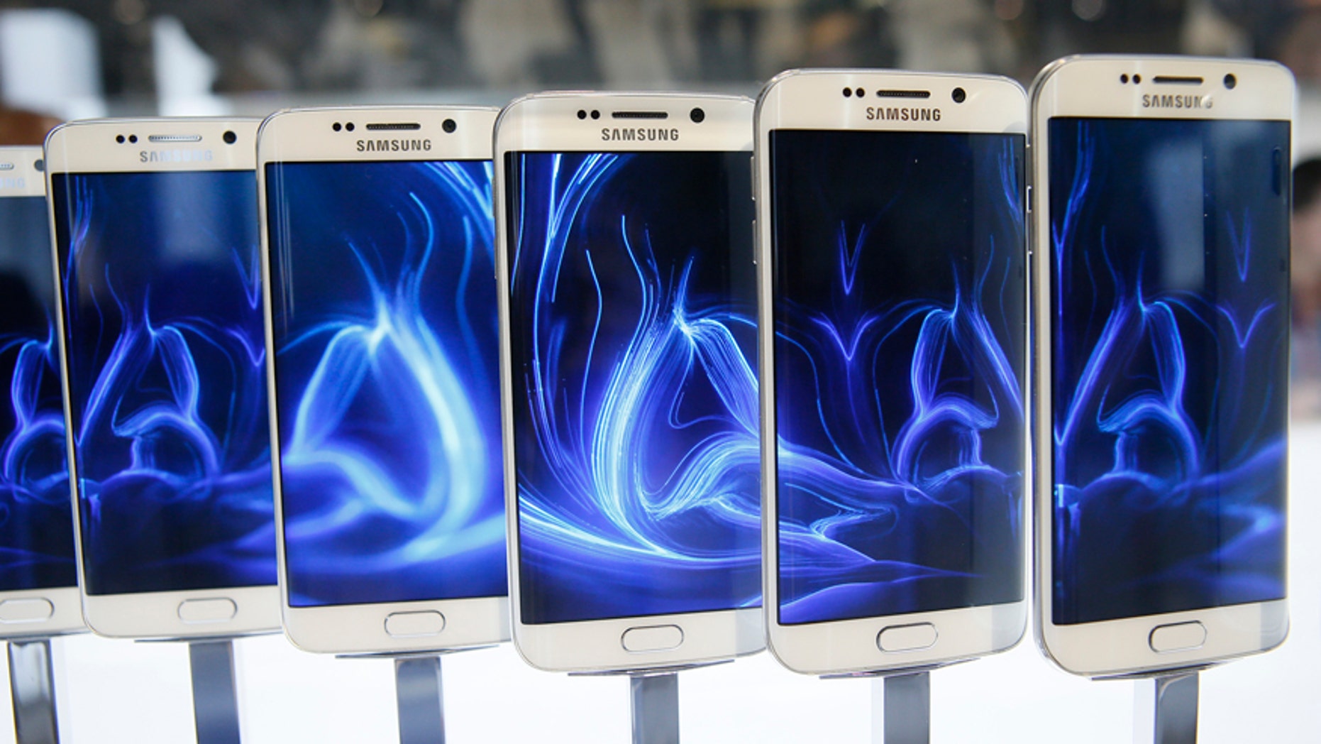 A row of Galaxy S6 edge smartphones are seen on display after the Samsung Galaxy Unpacked event before the Mobile World Congress in Barcelona March 1, 2015.