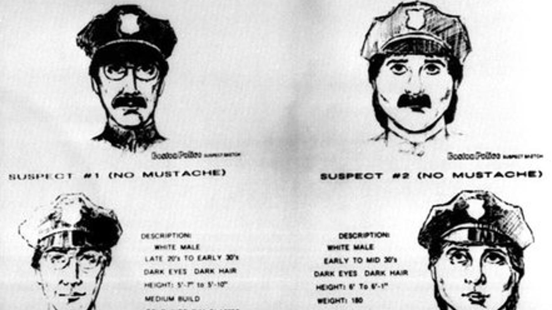 These sketches, released by the FBI, show the two male suspects who authorities say stole an estimated $580 in famous paintings from Boston's Isabella Stewart Gardner Museum on March 18, 1990. One was said to be wearing a fake mustache during the heist.
