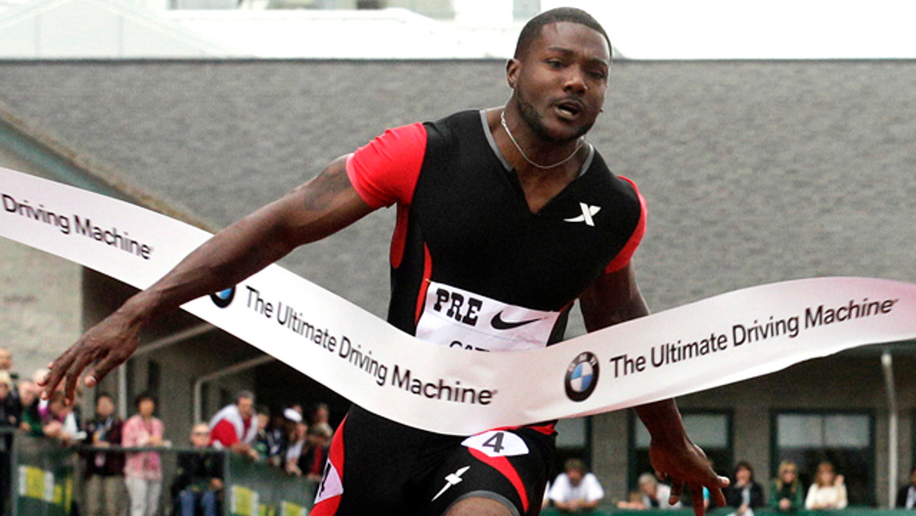 June 2, 2012: United States Justin Gatlin winning the 100-meter event at the Prefontaine Classic athletics meet in Eugene, Ore.