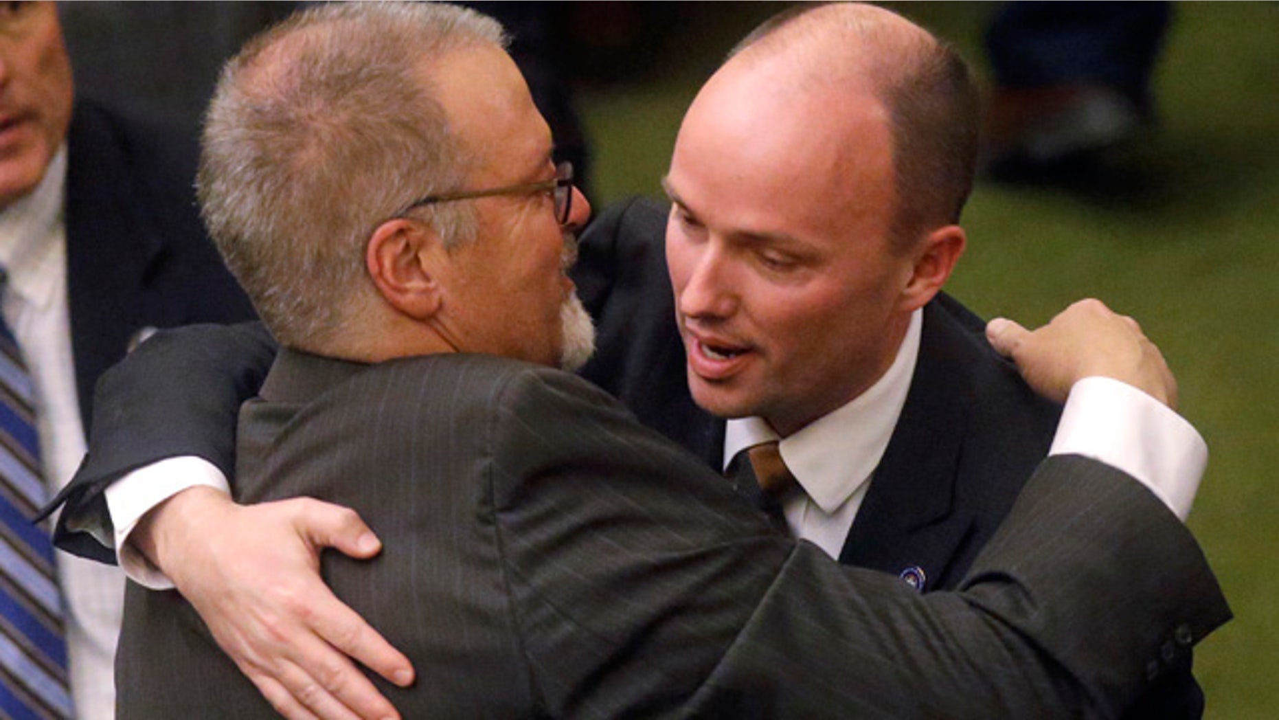 March 11, 2015: Sen. Stephen Urquhart, left, R-St. George, embraces Lt. Gov. Spencer J. Cox after the Republican-controlled Utah Legislature passed an anti-discrimination bill. (AP Photo/Rick Bowmer)