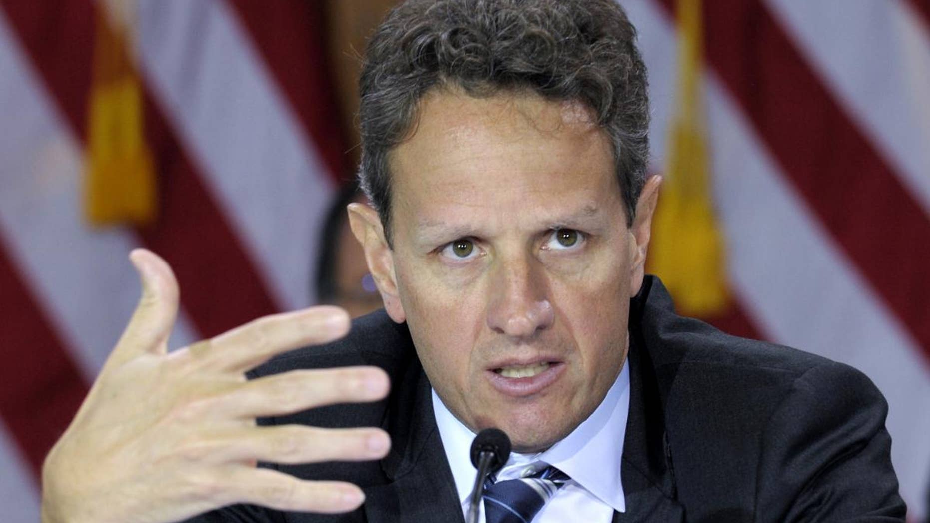 In this Nov. 23, 2010 file photo, Treasury Secretary Timothy Geithner speaks at the Treasury Department in Washington. Geithner was admitted to hospital Friday for surgery to deal with kidney stone. (AP Photo/Susan Walsh, File)