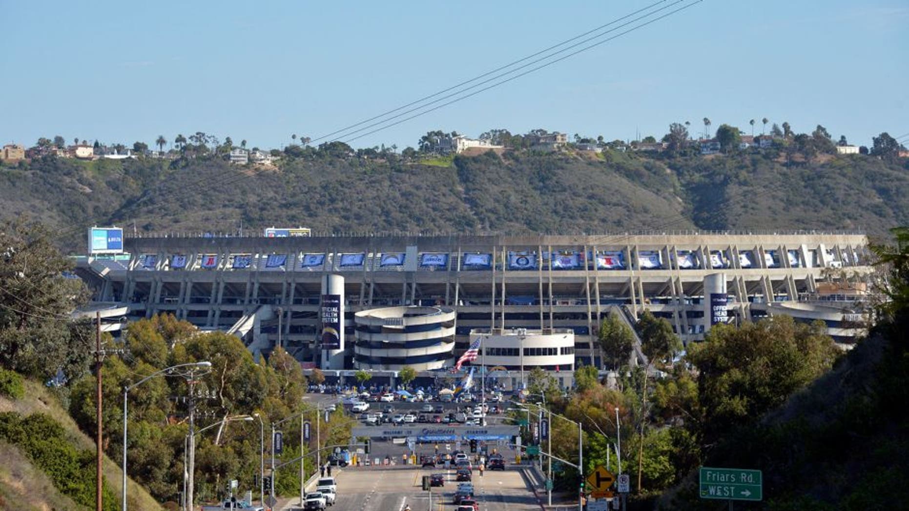 Aug 13, 2015; San Diego, CA, USA; General view of the Qualcomm Stadium exterior before the NFL preseason game between the Dallas Cowboys and San Diego Chargers. Mandatory Credit: Kirby Lee-USA TODAY Sports
