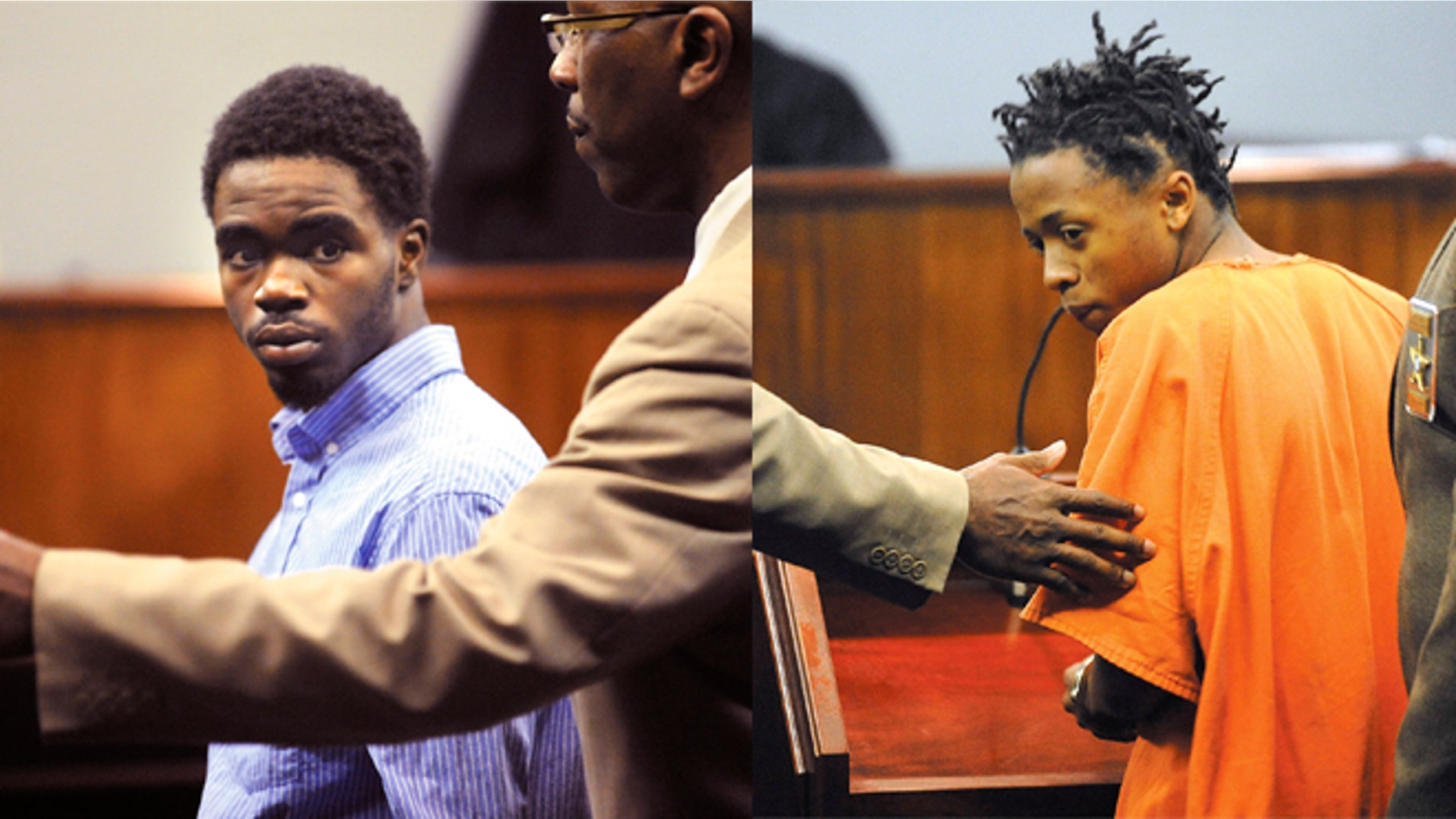 (LEFT) A Glynn County Sheriff's Deputy directs 17 year-old De Marquise Elkins out of the courtroom in the Glynn County Courthouse in Brunswick, Ga. (RIGHT) A Glynn County Sheriff's Deputy directs 15 year-old Dominique Lang out of the courtroom in the Glynn County Courthouse in Brunswick, Ga.