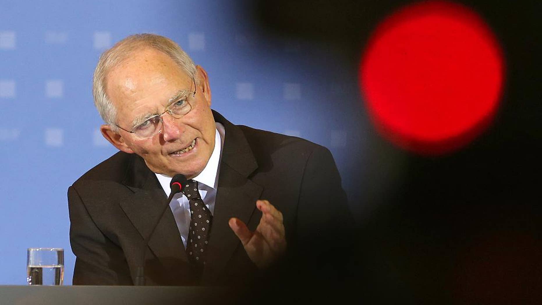 German Finance Minister Wolfgang Schaeuble speaks during a news conference in Berlin, on Thursday May 7,2015. (Wolfgang Kumm/dpa via AP)