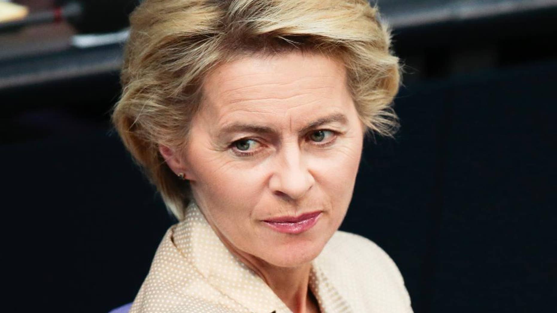 FILE - in this Sept. 1, 2014 file photo German Defense Minister Ursula von der Leyen attends the debate about planned weapon aid for Kurdish Peshmerga forces at the parliament Bundestag in Berlin, Germany. Germany is unable to meet its medium-term readiness target should NATO call on its members to mobilize against an attack, officials said Monday, Sept. 29, 2014. The equipment trouble has prompted widespread criticism in German media of Defense Minister Ursula von der Leyen and senior ministry staff. (AP Photo/Markus Schreiber, File)