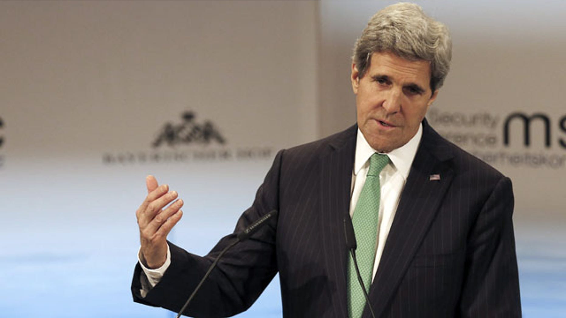 February 1, 2014: US Secretary of State John Kerry addresses the participants during the 50th Security Conference in Munich, Germany. (AP Photo/Frank Augstein)