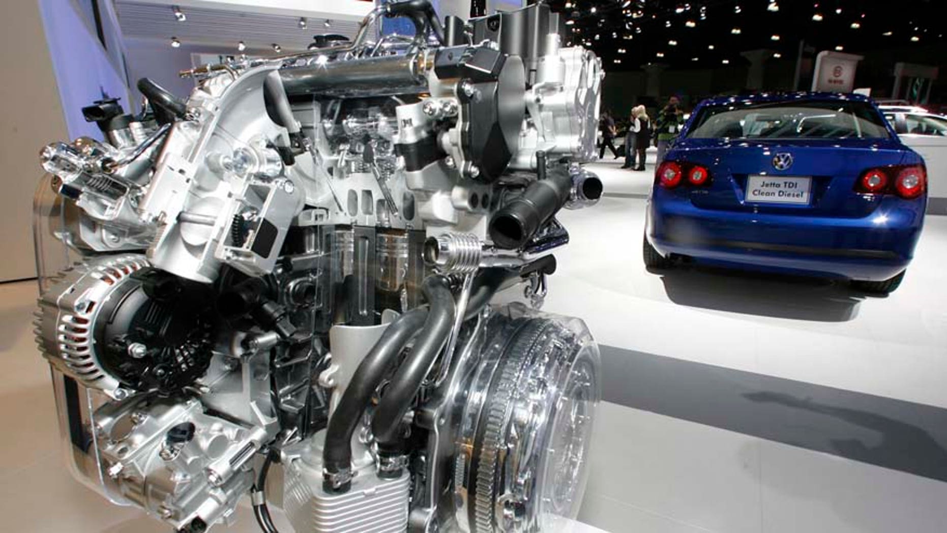 FILE - In this Nov. 20, 2008 file photo a Volkswagen Jetta TDI diesel engine is displayed at the Los Angeles Auto Show. Green Car Journal named Volkswagen's 2009 Jetta TDI as the "Green Car of the Year" at the show on Thursday, making it the first clean-diesel vehicle to win the prize. Around 15 billion euros (US$ 16.9 billion) was wiped off the market value of Volkswagen AG on Monday, Sept. 21, 2015 following revelations that the German carmaker rigged U.S. emissions tests for about 500,000 diesel cars. (AP Photo/Damian Dovarganes)