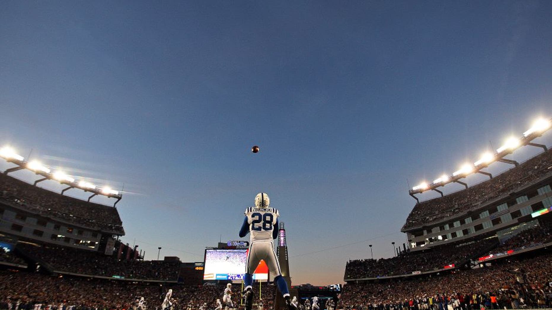 FOXBOROUGH, MA - NOVEMBER 18: The Colts' Tom Zbikowski fields the opening kickoff of the game as the New England Patriots hosted the Indianapolis Colts in a regular season NFL game at Gillette Stadium. (Photo by Jim Davis/The Boston Globe via Getty Images)
