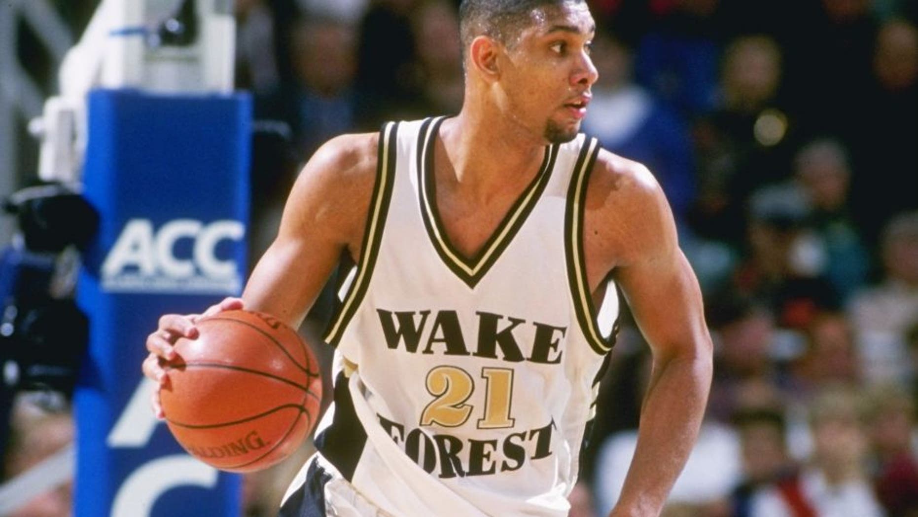7 Mar 1997: Center Tim Duncan of the Wake Forest Demon Deacons dribbles the court during a playoff game against the Florida State Seminoles at the Greensboro Coliseum in Greensboro, North Carolina. Wake Forest won the game 66-65. Mandatory Credit: Doug
