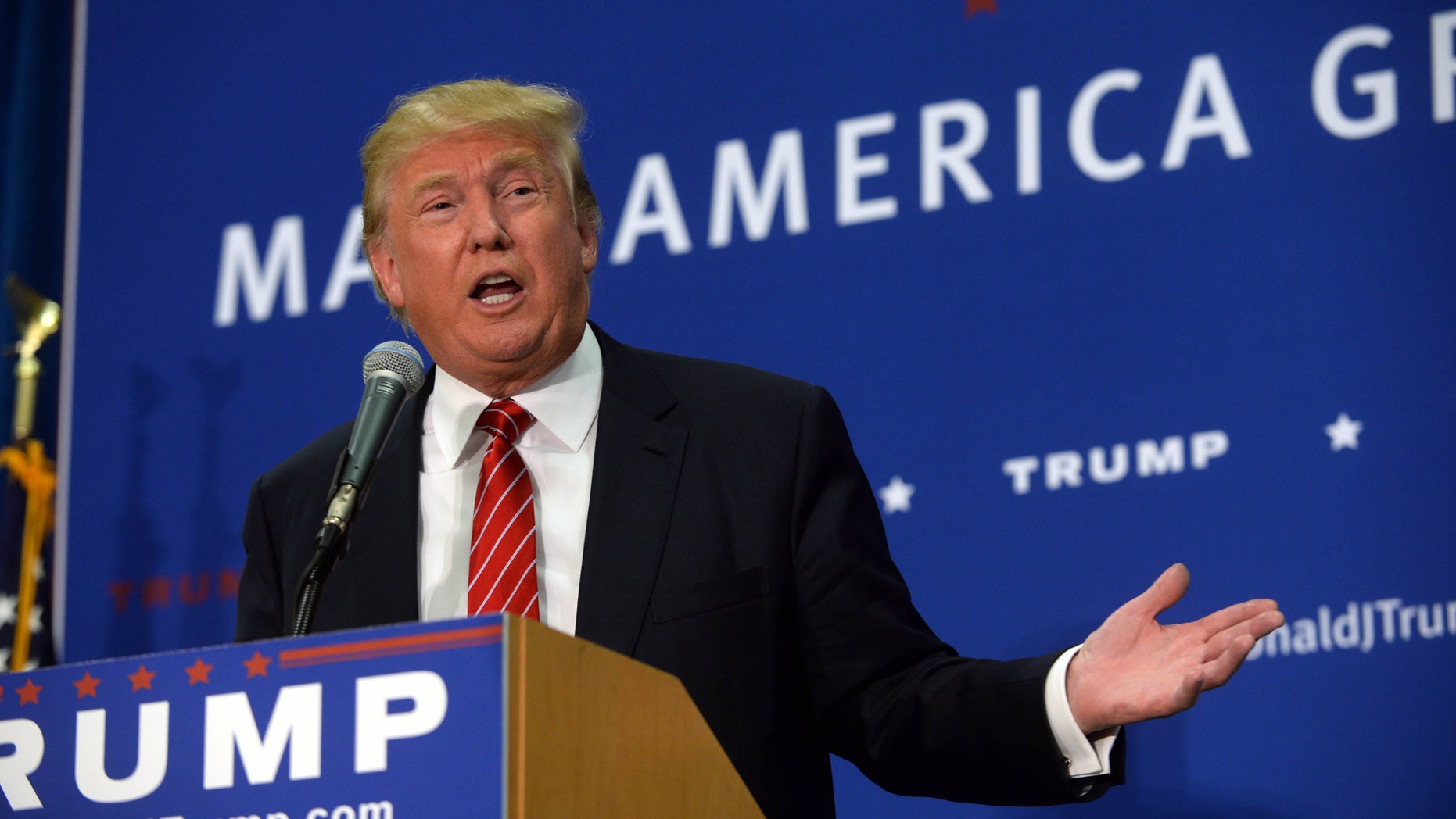 KEENE, NH - SEPTEMBER 30: Republican Presidential candidate Donald Trump speaks during a town hall event at Keene High School September 30, 2015 in Keene, New Hampshire. Trump has seen his lead in the polls slip but still leads in New Hampshire. (Photo by Darren McCollester/Getty Images)