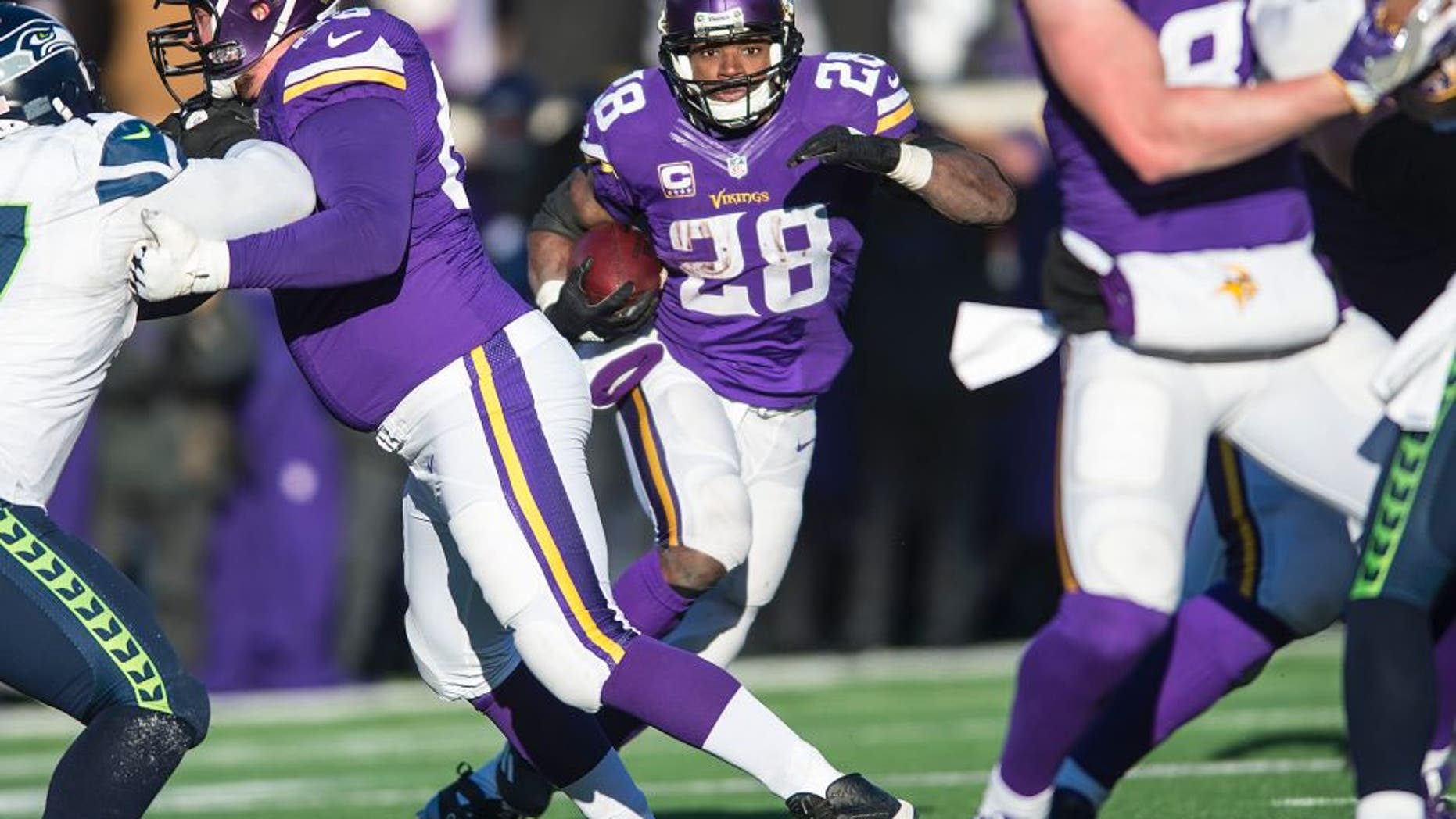 MINNEAPOLIS, MN - JANUARY 10: Adrian Peterson #28 of the Minnesota Vikings carries the ball during an NFL game against the Seattle Seahawks at TCF Bank Stadium January 10, 2016 in Minneapolis, Minnesota. (Photo by Tom Dahlin/Getty Images)