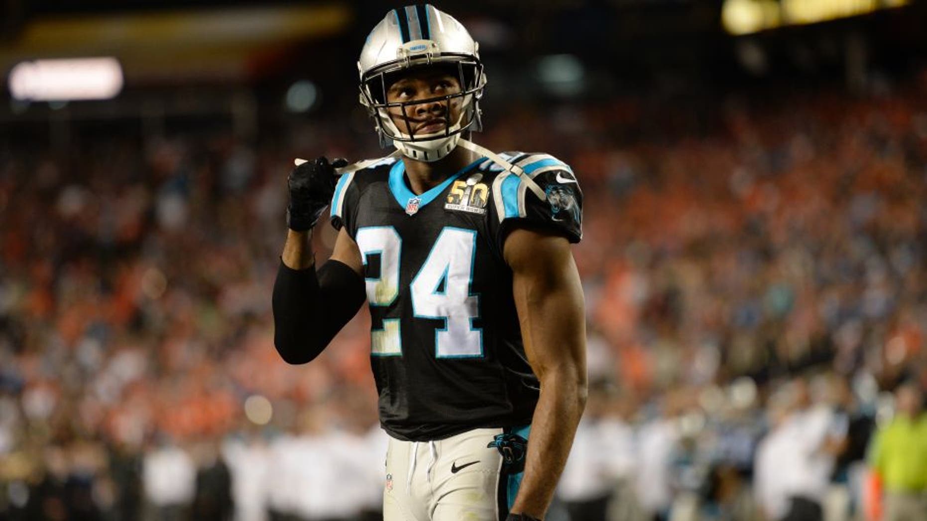 SANTA CLARA, CA - FEBRUARY 07: Josh Norman (24) of the Carolina Panthers yanks at his chin strap after the Broncos score a touchdown in the fourth quarter. The Denver Broncos played the Carolina Panthers in Super Bowl 50 at Levi's Stadium in Santa Clara, Calif. on February 7, 2016. (Photo by AAron Ontiveroz/The Denver Post via Getty Images)