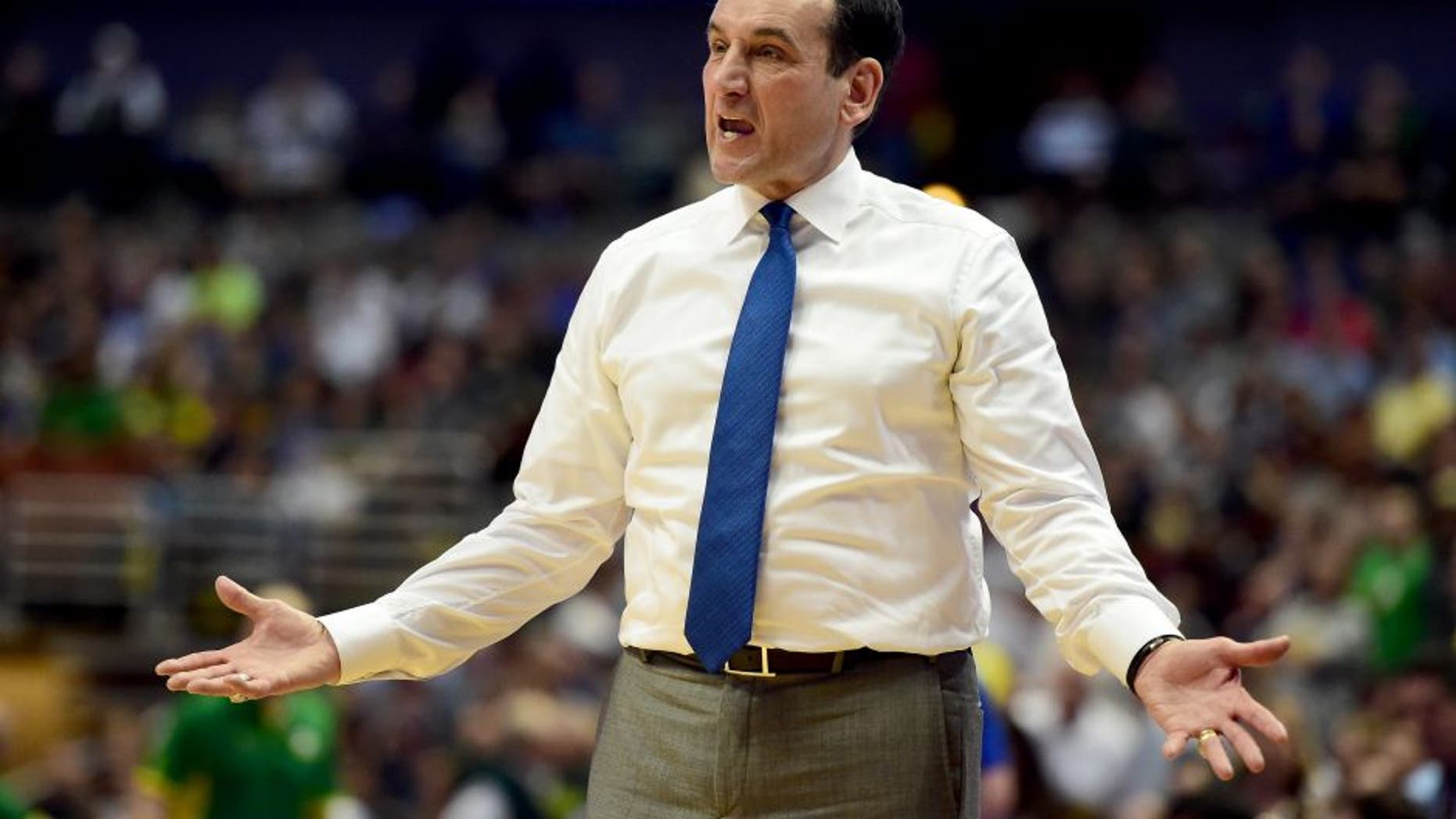 ANAHEIM, CA - MARCH 24: Head coach Mike Krzyzewski of the Duke Blue Devils reacts in the second half while taking on the Oregon Ducks in the 2016 NCAA Men's Basketball Tournament West Regional at the Honda Center on March 24, 2016 in Anaheim, California. (Photo by Harry How/Getty Images)