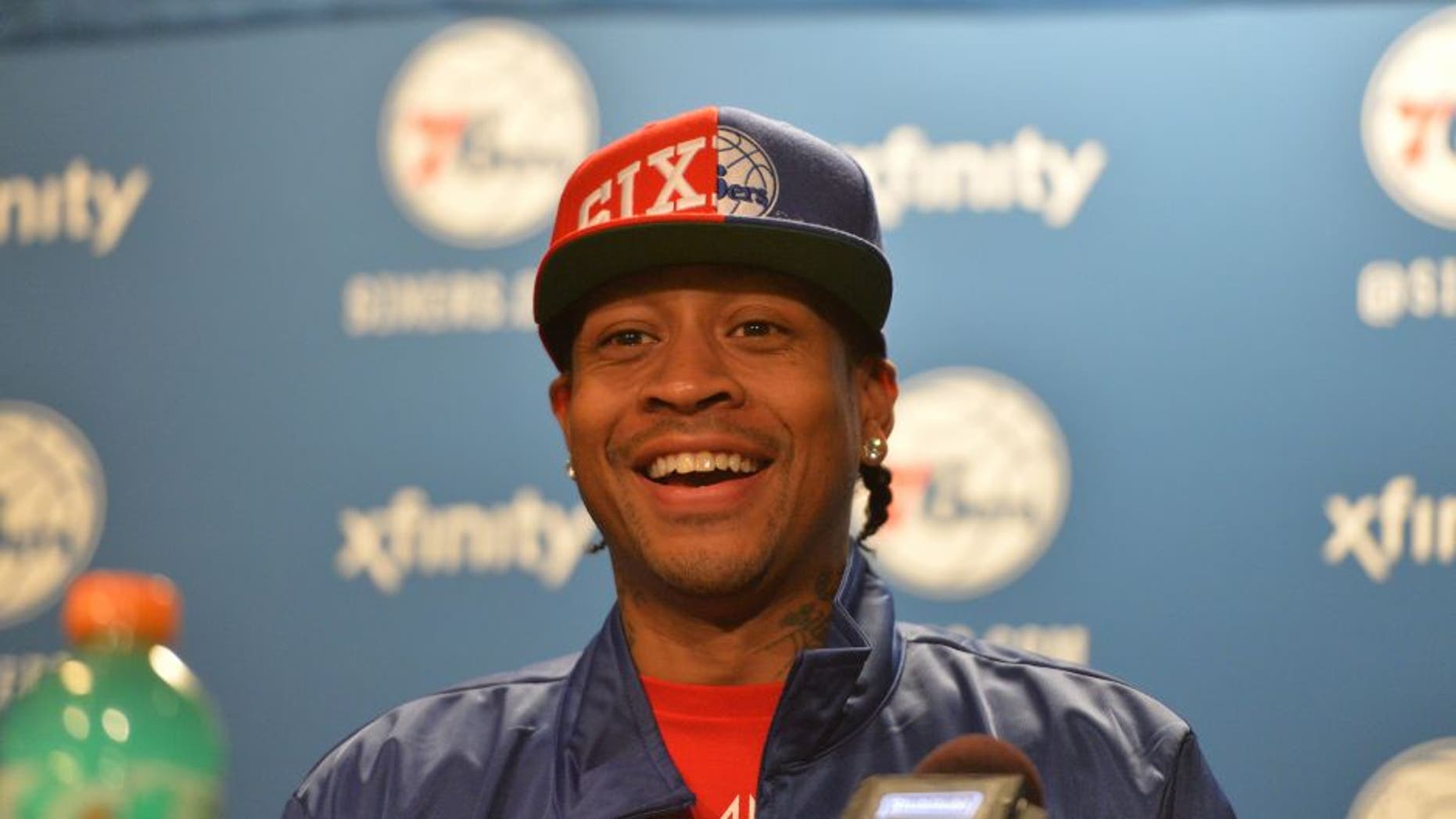 PHILADELPHIA,PA - APRIL 8: Hall of Famer Allen Iverson of the Philadelphia 76ers addresses the media prior to the game against New York Knicks the at Wells Fargo Center on April 8, 2016 in Philadelphia, Pennsylvania NOTE TO USER: User expressly acknowledges and agrees that, by downloading and/or using this Photograph, user is consenting to the terms and conditions of the Getty Images License Agreement. Mandatory Copyright Notice: Copyright 2016 NBAE (Photo by Jesse D. Garrabrant/NBAE via Getty Images)