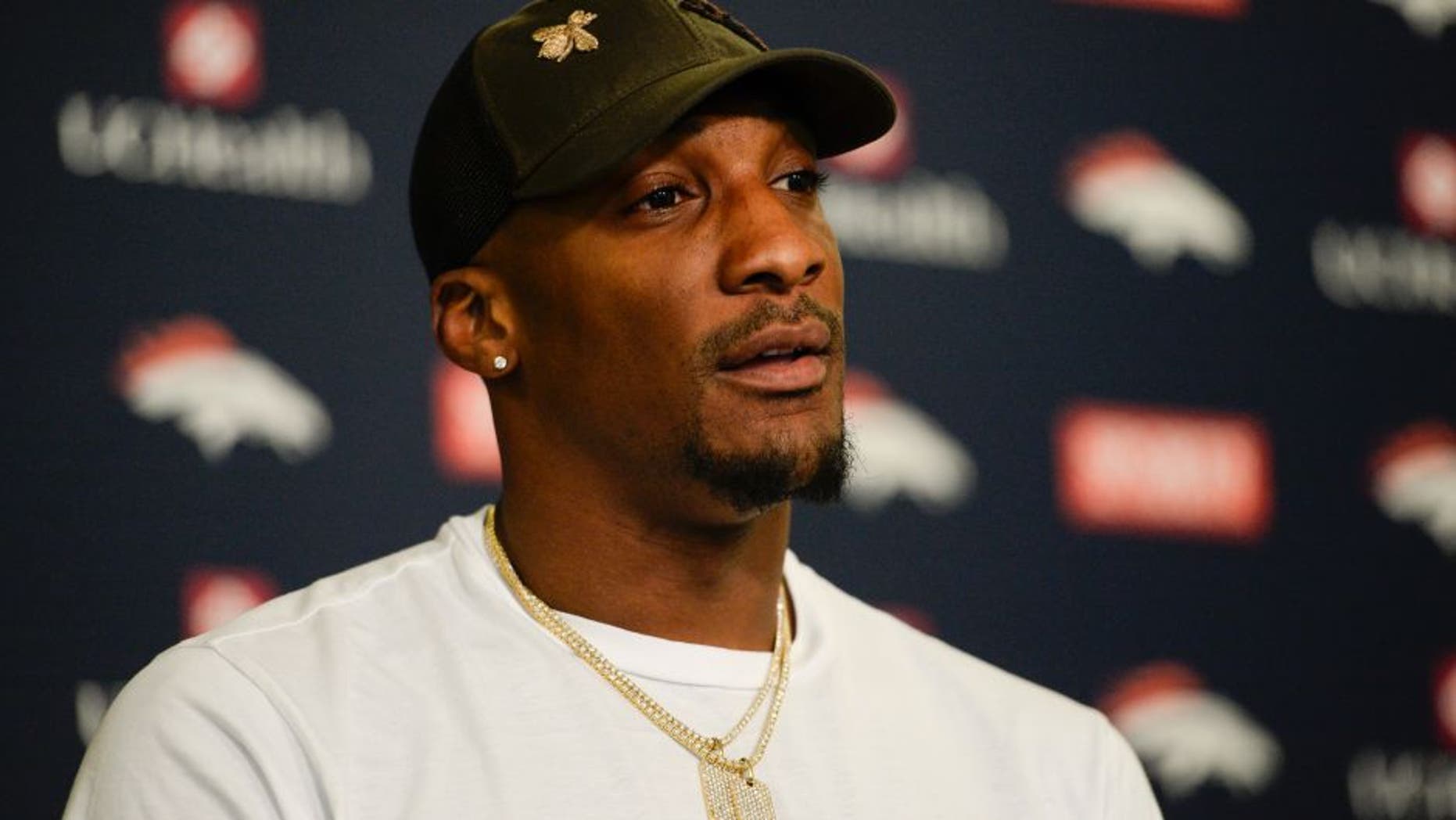 ENGLEWOOD, CO - APRIL 18: Denver Broncos Aqib Talib addresses the media during a press conference April 18, 2016 at UCHealth Training Facility as the attend the offseason workout program. (Photo By John Leyba/The Denver Post via Getty Images)