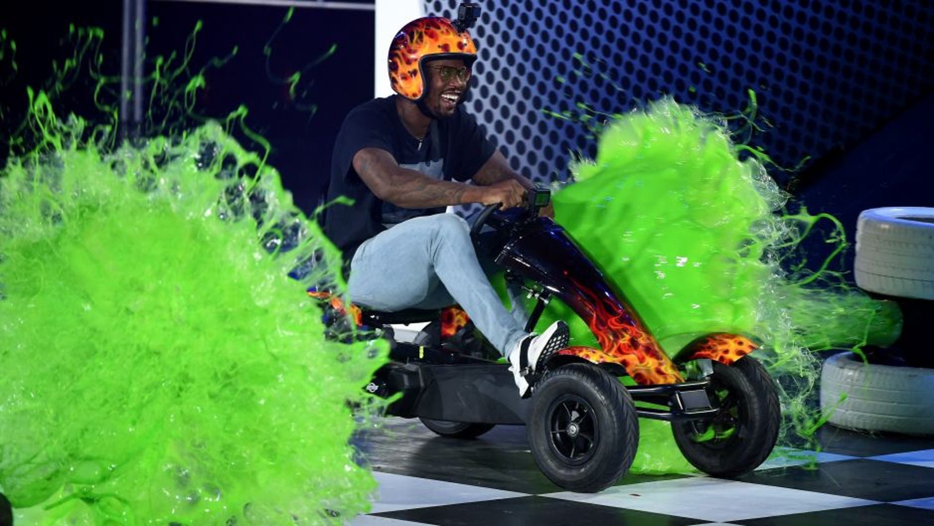 WESTWOOD, CA - JULY 14: NFL player Von Miller is slimed onstage during the Nickelodeon Kids' Choice Sports Awards 2016 at UCLA's Pauley Pavilion on July 14, 2016 in Westwood, California. (Photo by Kevin Winter/Getty Images)