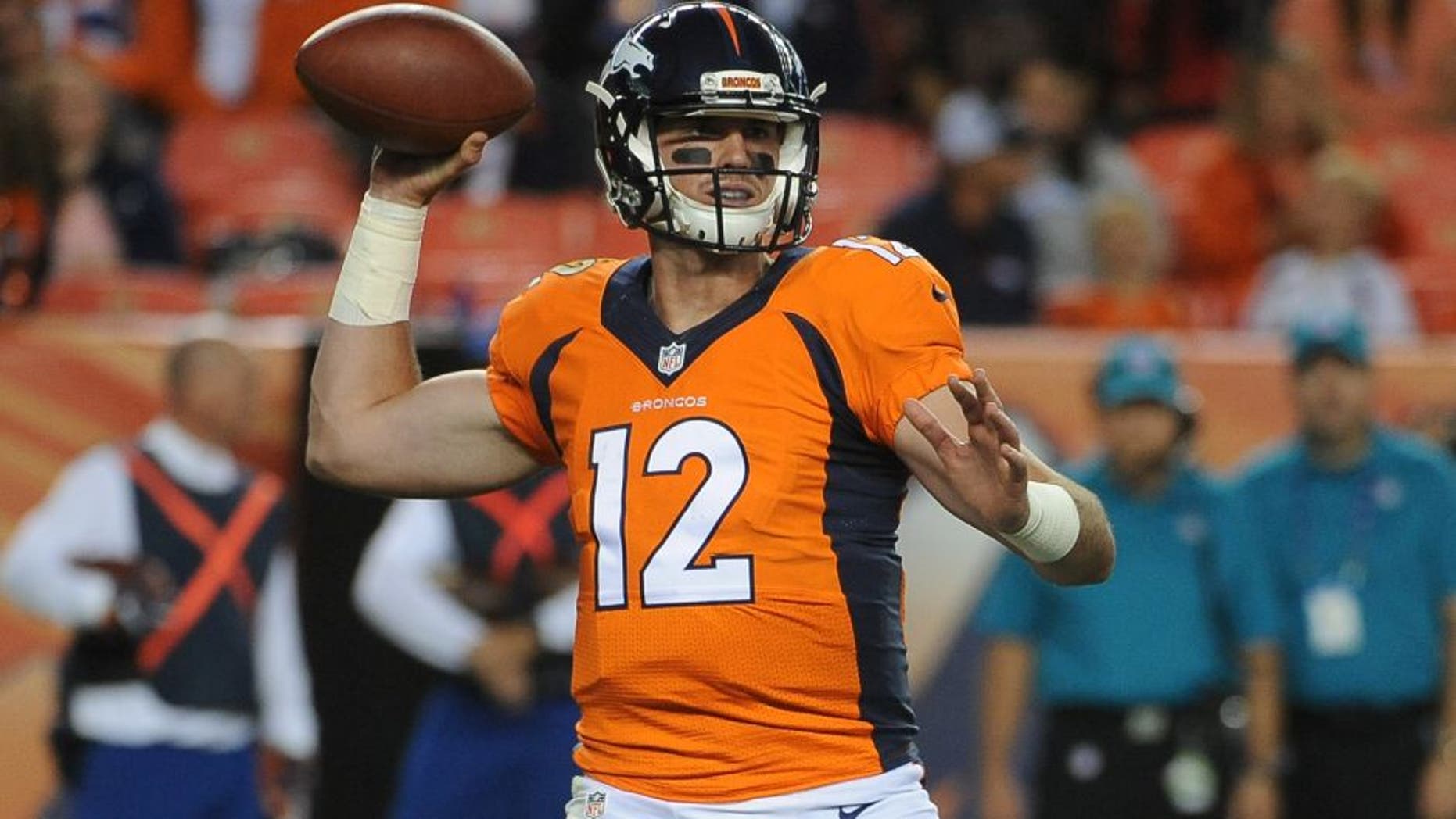 DENVER, CO - AUGUST 20: Denver Broncos quarterback Paxton Lynch sets to pass in the fourth quarter against the San Francisco 49ers at Sports Authority Field at Mile High on Saturday, August 20, 2016. (Photo by Steve Nehf/The Denver Post via Getty Images)