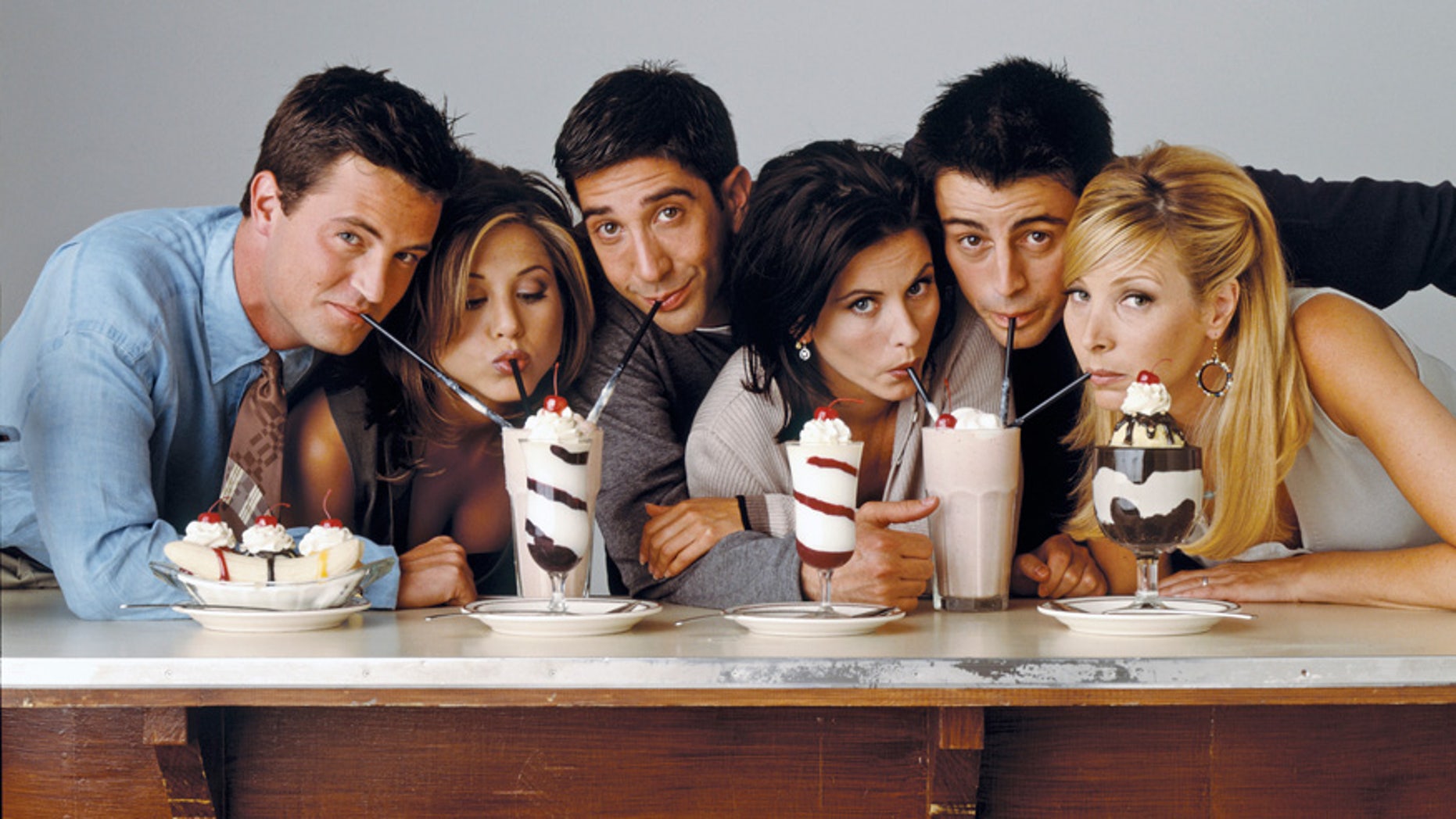 Pictured: (l-r) Matthew Perry as Chandler Bing, Jennifer Aniston as Rachel Green, David Schwimmer as Ross Geller, Courteney Cox as Monica Geller, Matt Le Blanc as Joey Tribbiani, Lisa Kudrow as Phoebe Buffay (Photo by NBC/NBCU Photo Bank via Getty Images)