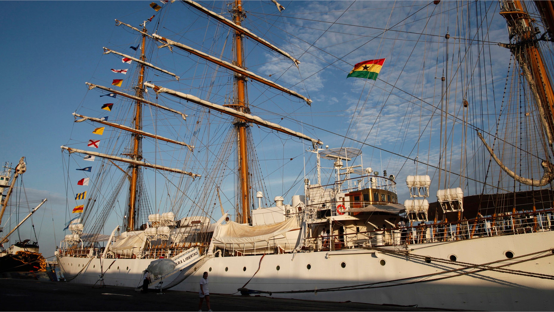 The three-masted ARA Libertad, a symbol of Argentina's navy, sits docked at the port in Tema, outside Accra, Ghana, Saturday, Oct. 20, 2012. (AP Photo/Gabriela Barnuevo)