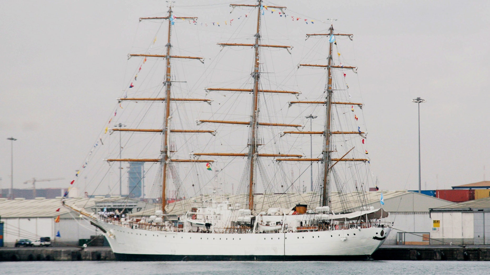 The flagship of Argentina's navy, the A.R.A. Libertad, sits docked at the port of Tema, outside Accra, Ghana, where it is being held by a judge answering a complaint from a U.S. hedge fund, Friday, Oct. 5, 2012. A court in Ghana on Tuesday, Oct. 2, ordered the ship held in port until Argentina posts a court bond equal to its value, which could be $10 million or more. The three-masted tall ship stopped in Tema while training hundreds of navy cadets. (AP Photo/ Christian Thompson)