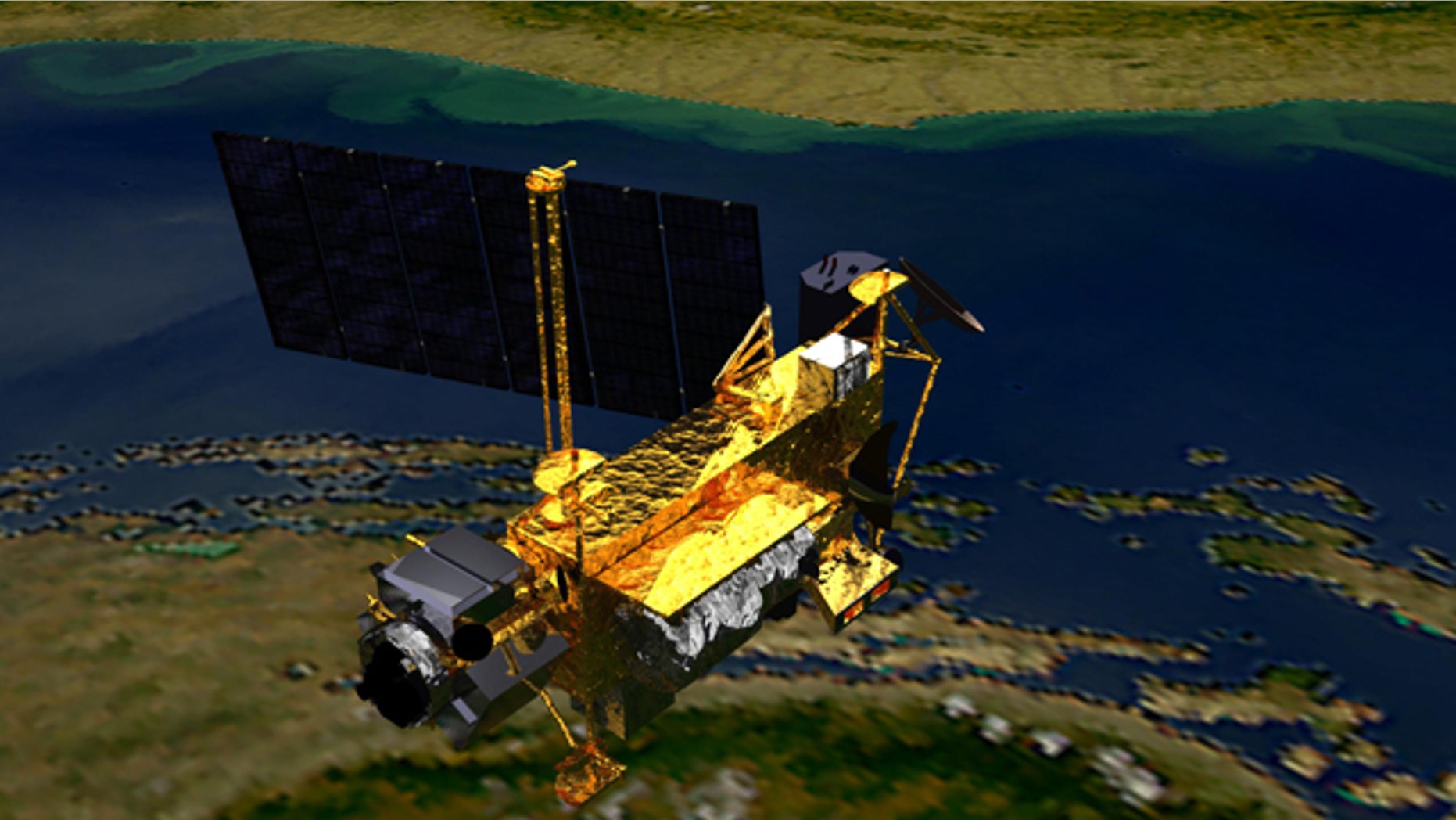 An artist's concept of the Upper Atmosphere Research Satellite (UARS) satellite in space. The 6 1/2-ton satellite was deployed from space shuttle Discovery in 1991 and decommissioned in December 2005.