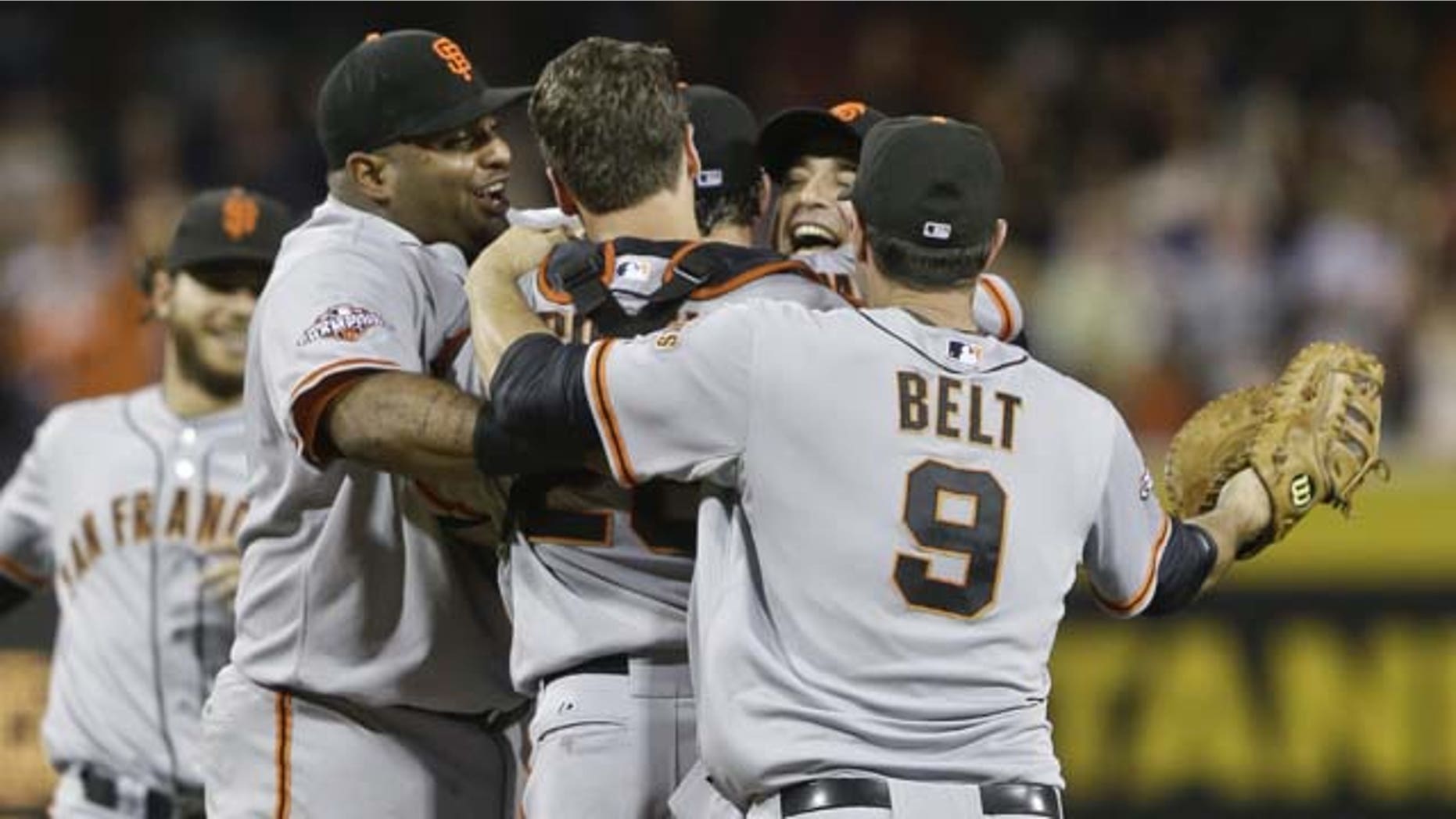 July 13, 2013: San Francisco Giants celebrate after the no hitter thrown by Tim Lincecum against the San Diego Padres in a baseball game in San Diego