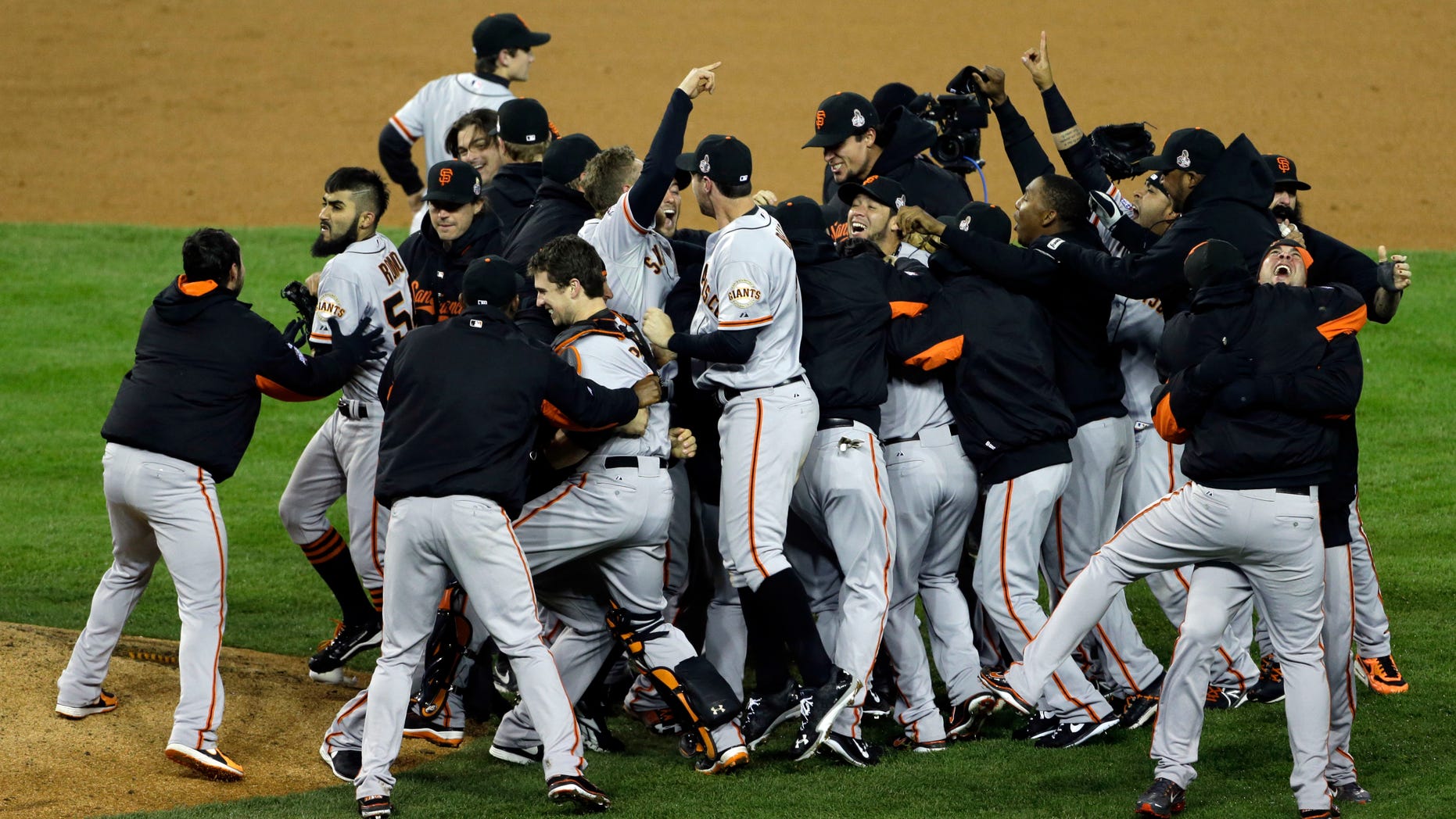 Oct. 28, 2012: San Francisco Giants celebrate after winning Game 4 of baseball's World Series against the Detroit Tigers.