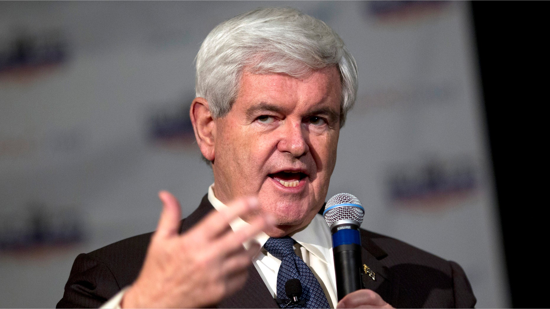 Republican presidential candidate former House Speaker Newt Gingrich speaks during a campaign stop Monday, Feb. 13, 2012, in Pasadena, Calif. (AP Photo/Evan Vucci)