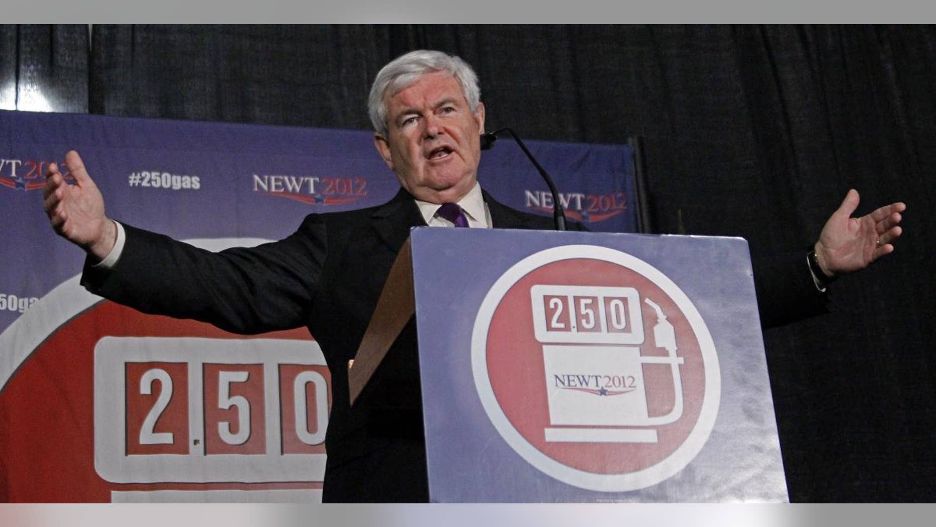 Republican presidential candidate former House Speaker Newt Gingrich speaks at a rally in Brandon, Miss., Sunday, March 11, 2012. (AP Photo)
