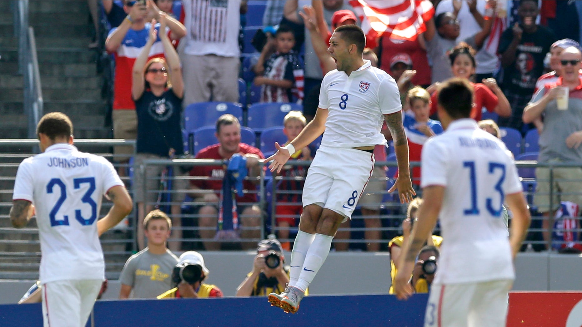 United States' Clint Dempsey (8) celebrates his goal against Cuba during the first half of a CONCACAF Gold Cup soccer quarterfinal match, Saturday, July 18, 2015, in Baltimore. (AP Photo/Patrick Semansky)