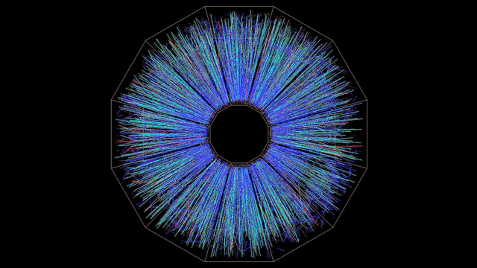 The collision of two 30-billion electron-volt gold beams in the STAR detector at the Relativistic Heavy Ion Collider at Brookhaven National Laboratory yields this stunning image.
