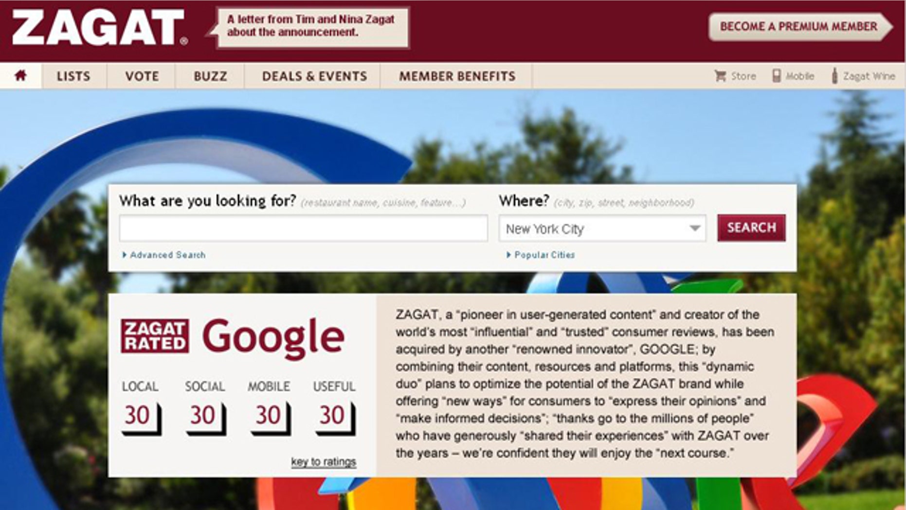 The front page of restaurant review service rates Google a "30," when the search engine giant announced it would buy the company.