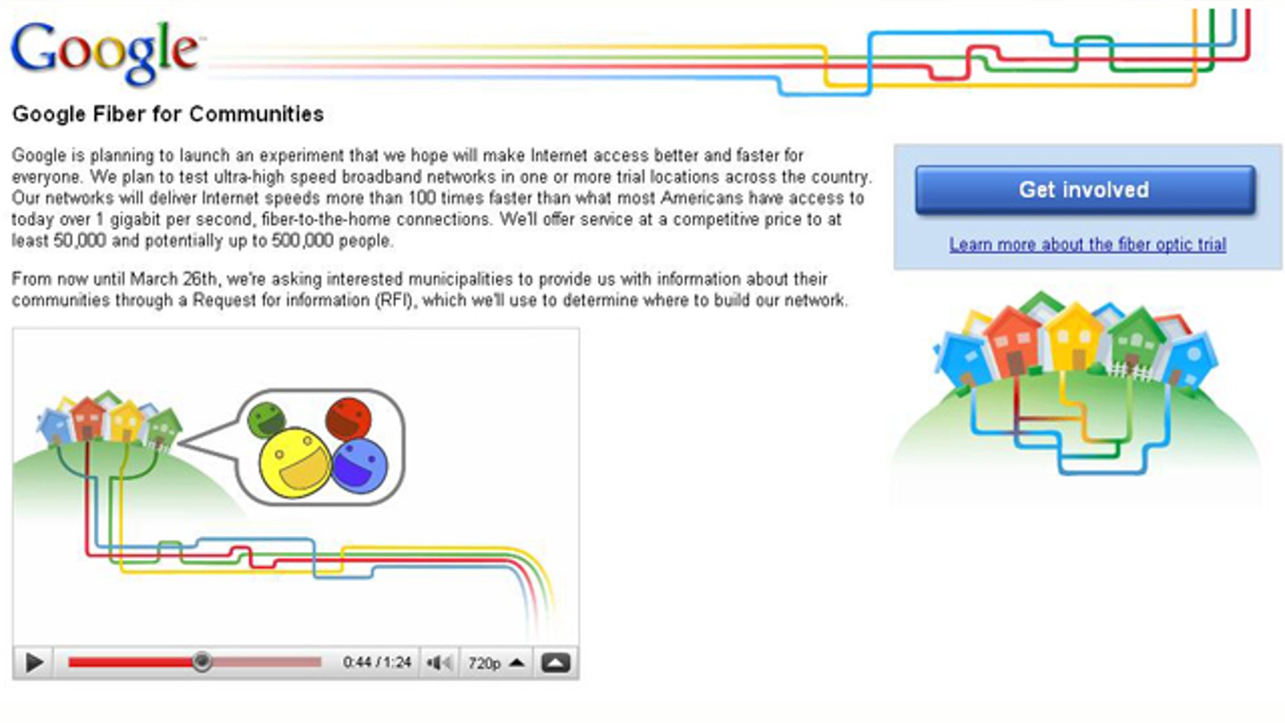 A screen capture of Google's Fiber for Communities Web site, where the company hopes to select areas for its new network.