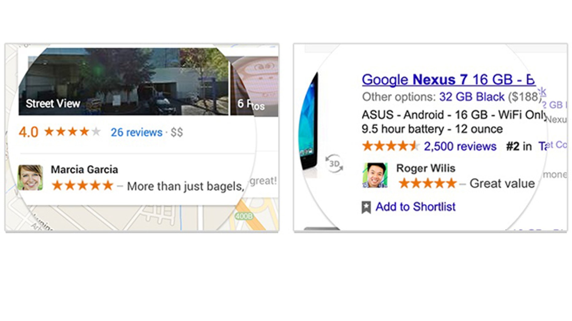 Examples of shared endorsements on Google.