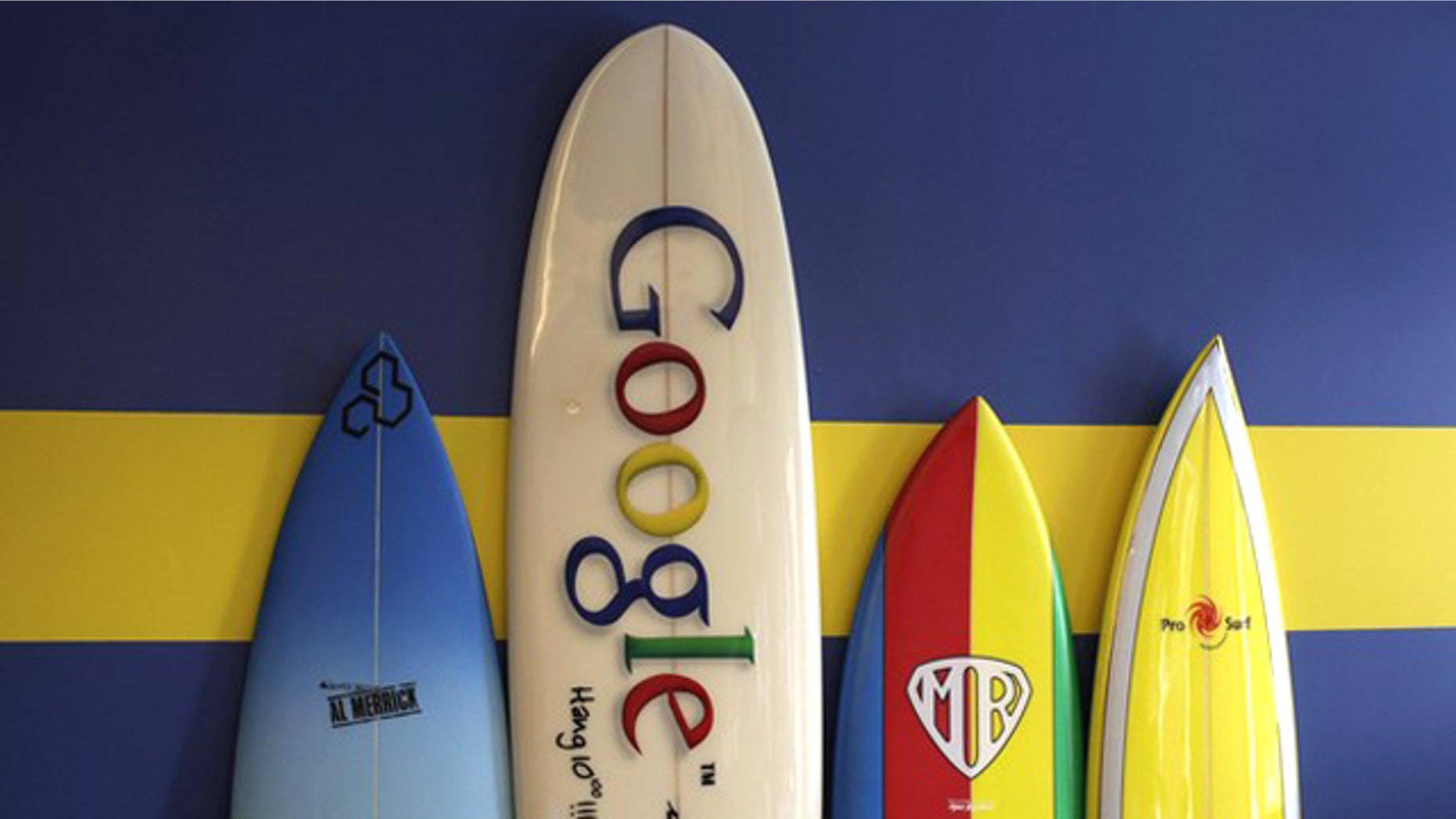 Surfboards lean against a wall at the Google office in Santa Monica, California.