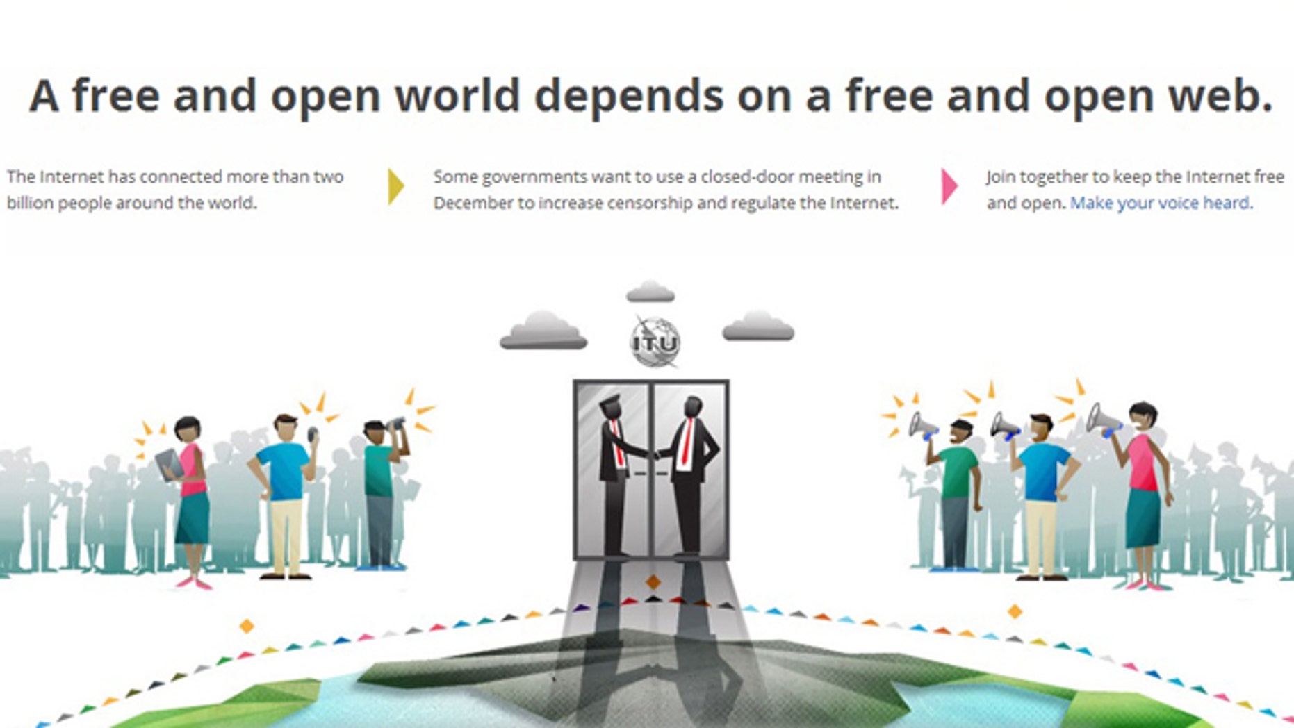 A Google website encourages readers to take action and "make your voice heard," as a UN conference in December that may increase censorship and regulate the Internet nears.