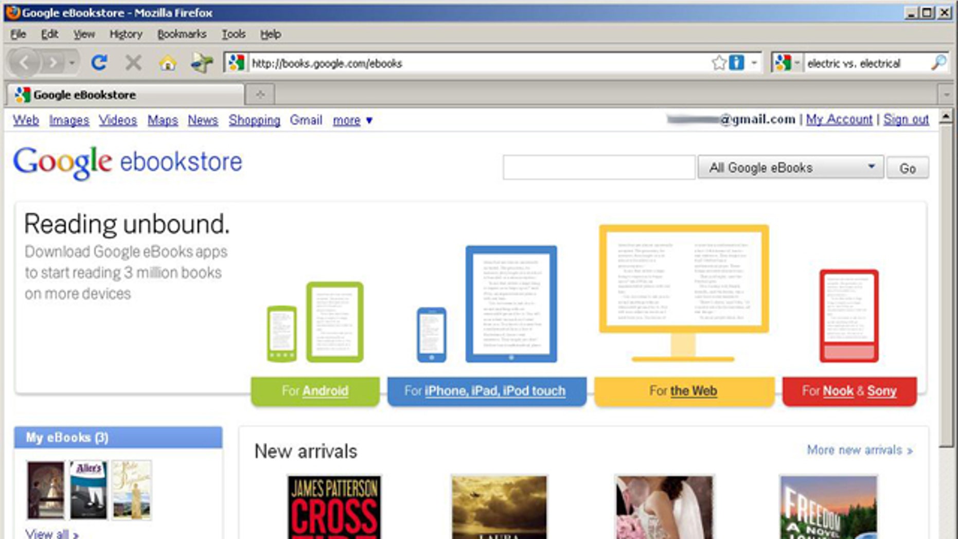 A screen capture of Google's new e-book store, dubbed Google eBooks, where the company will offer best-sellers and free classics for a wide variety of digital readers.