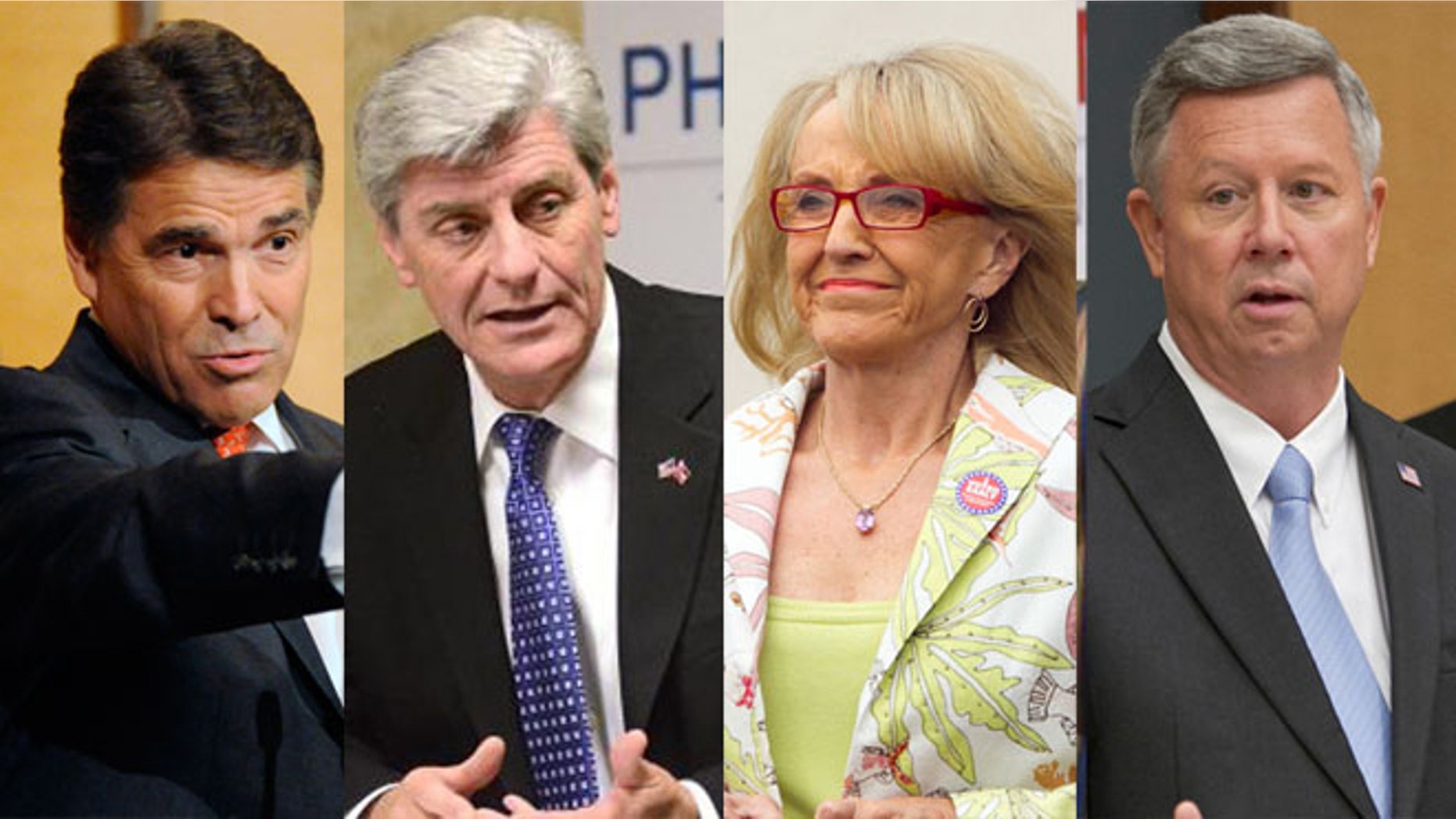 From left to right: Texas Governor Rick Perry, Mississippi Governor Phil Bryant, Arizona Governor Jan Brewer Nebraska Governor Dave Heineman. (AP images)