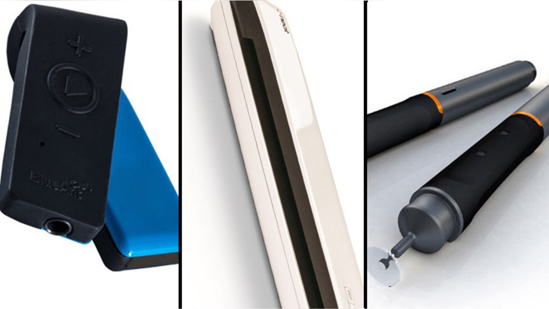 The Blue Ant Ribbon (left), NeatReceipts scanner (center) and HEX3 JaJa Stylus (right) -- great holiday gifts for the gadget lover.