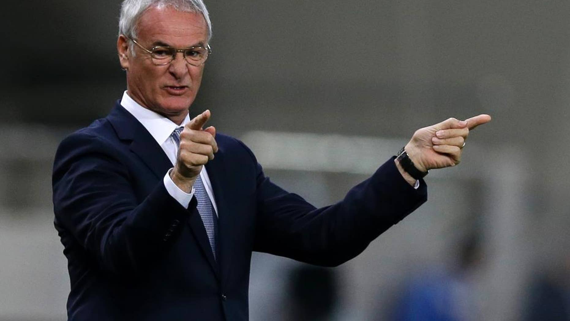 Greece's coach Claudio Ranieri of Italy reacts during the Group F Euro 2016 qualifying soccer match between Greece and Faroe Islands, at the Georgios Karaiskakis stadium, in the port of Piraeus, near Athens on Friday, Nov. 14, 2014. (AP Photo/Thanassis Stavrakis)
