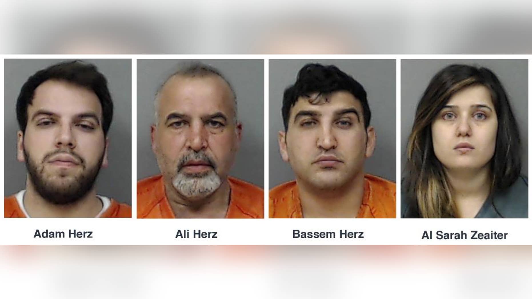 This combo of booking photos released by Linn County Sheriff's Office in Cedar Rapids. Iowa, shows four relatives, from left, Adam Herz, Ali Herz, Bassem Herz and Al Sarah Zeaiter, who are charged in Iowa on Tuesday, May 12, 2015, with conspiring to smuggle guns and ammunition to Lebanon that were hidden with equipment exports and supplies for Syrian refugees. Federal agents intercepted cargo containers in March and again last week that were bound for Beirut carrying a total of 152 firearms and 16,000 rounds of ammunition, according to a criminal complaint. The complaint says the four came under suspicion as they stockpiled more than $100,000 worth of guns and ammunition legally purchased from dealers in eastern Iowa over the last 17 months. (Linn County Sheriff's Office via AP)