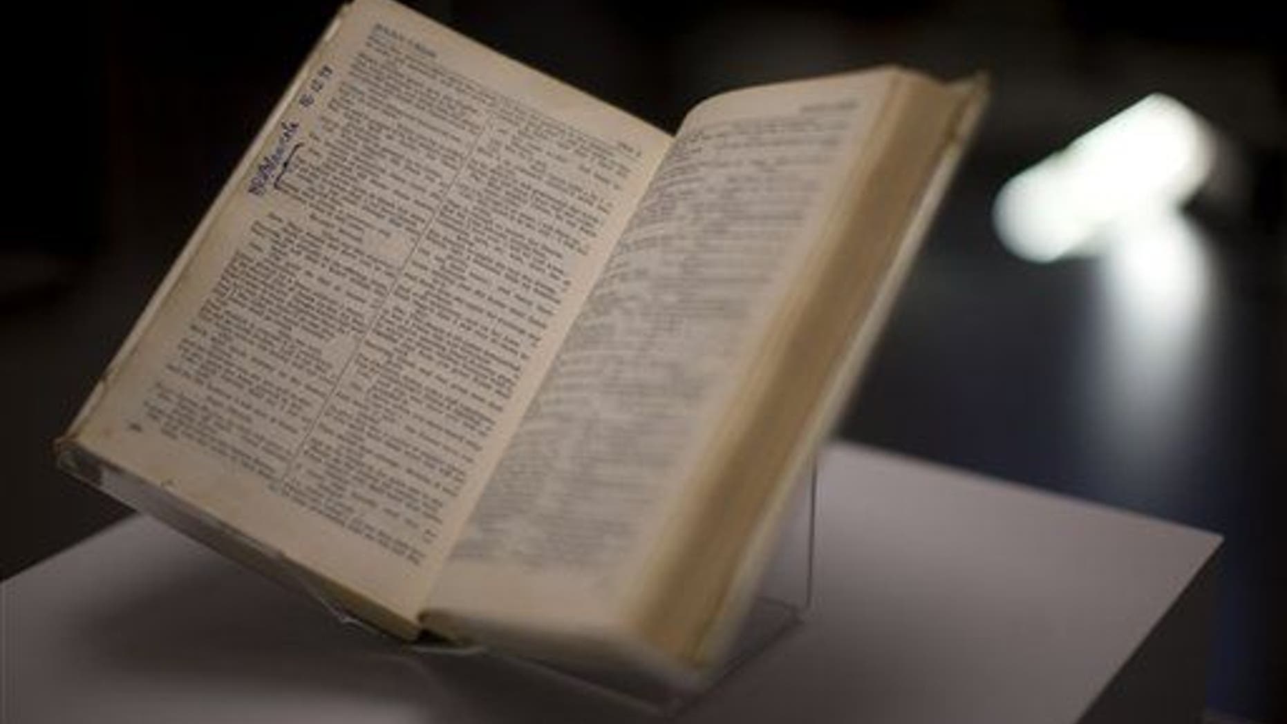 A copy of the "Complete Works of Shakespeare" is displayed during the press view of the "Shakespeare: staging the world" exhibition at the British Museum in London, Wednesday, July 18, 2012.