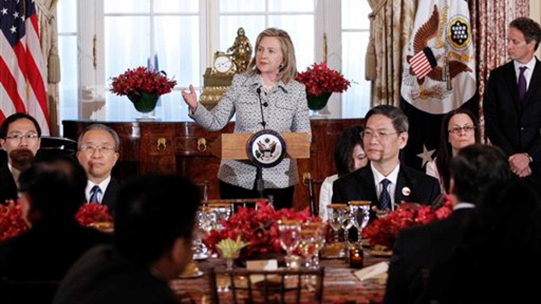May 9: Secretary of State Hillary Clinton gives remarks during a dinner for the joint meeting of the U.S.-China Strategic and Economic Dialogue at the State Department.