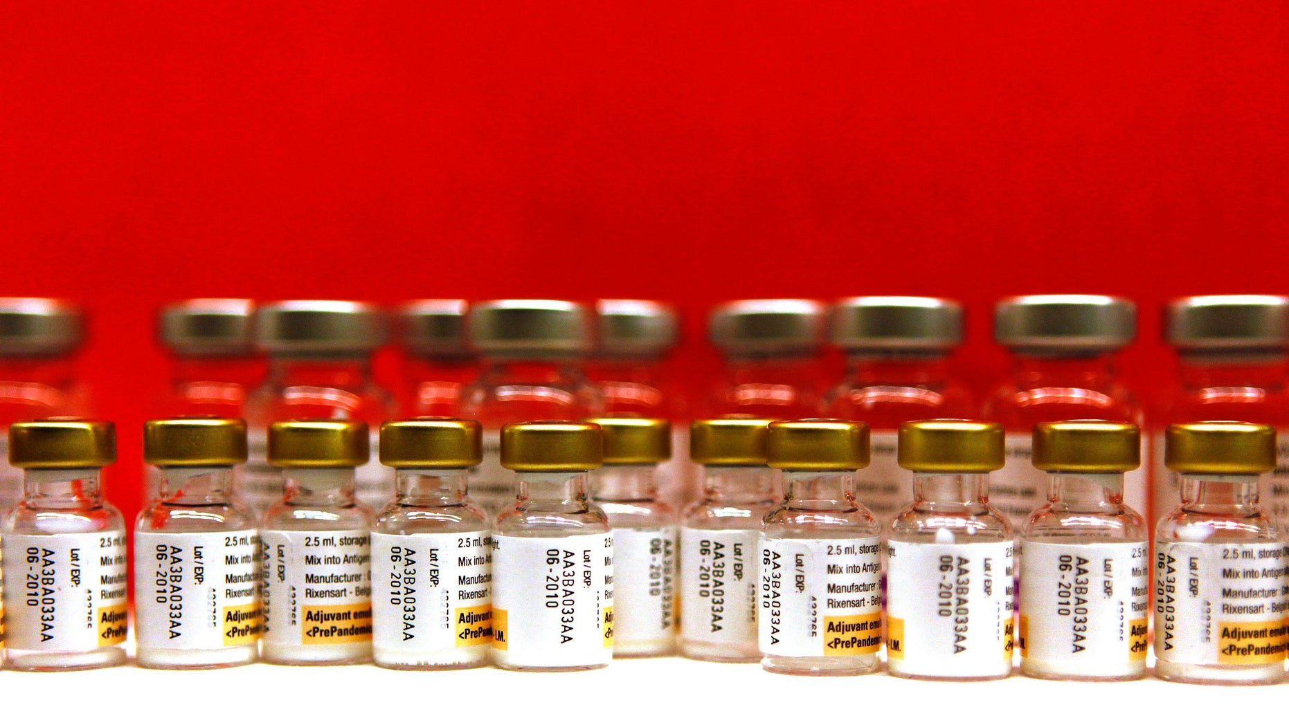 Bottles of adjuvants for use with the Pandemrix H1N1 flu vaccine are seen lined up during a vaccination program in 2009. (REUTERS/Jerry Lampen/File)