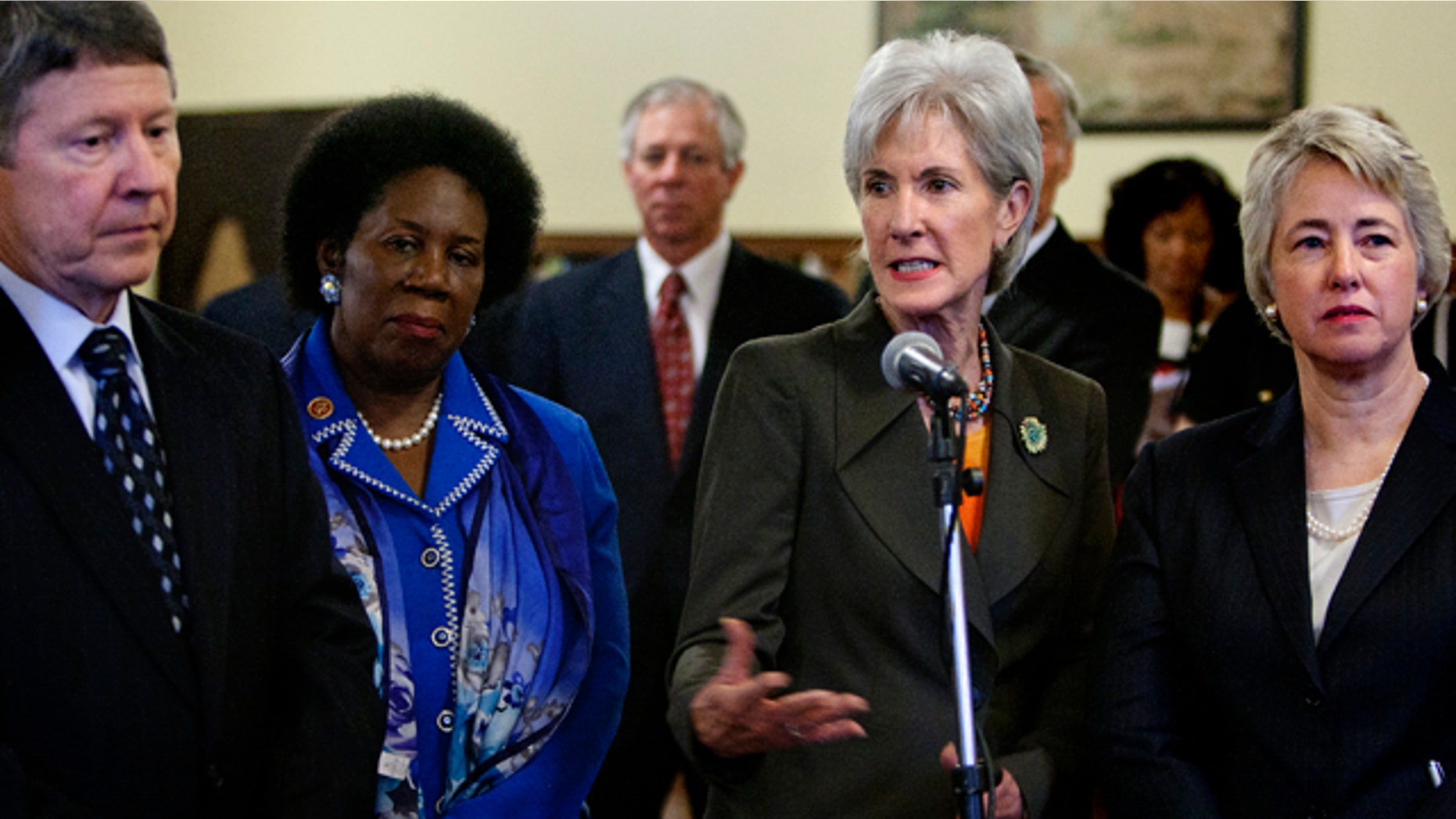 Aug. 19, 2013: County Judge Ed Emmett, left, Congresswoman Sheila Jackson Lee, center left, and Mayor Annise Parker, right, look on as Secretary of Health and Human Services, Kathleen Sebelius, center, addresses attendees during a stakeholder meeting to address implementation of the Affordable Care Act in Houston.