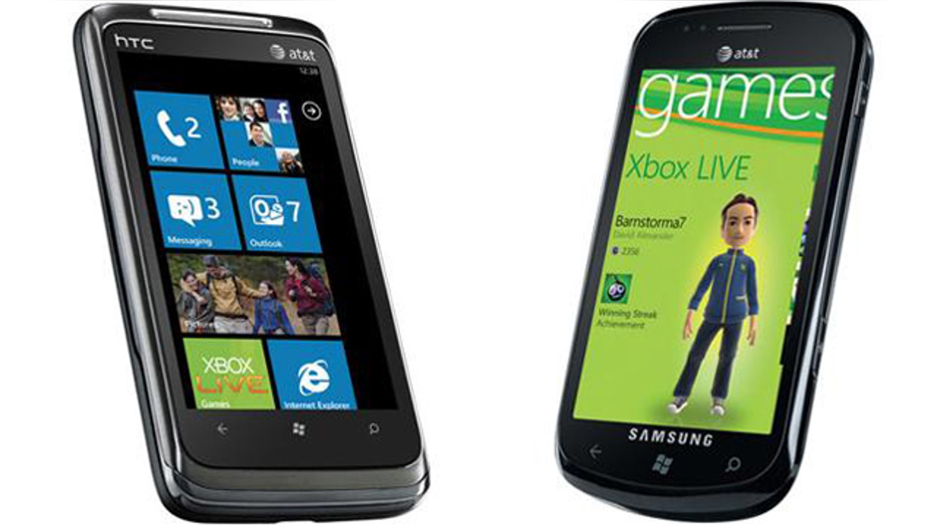 The HTC Surround (at left) and the Samsung Focus (at right), two of the many Windows Phone 7-powered smartphones coming out this Fall.