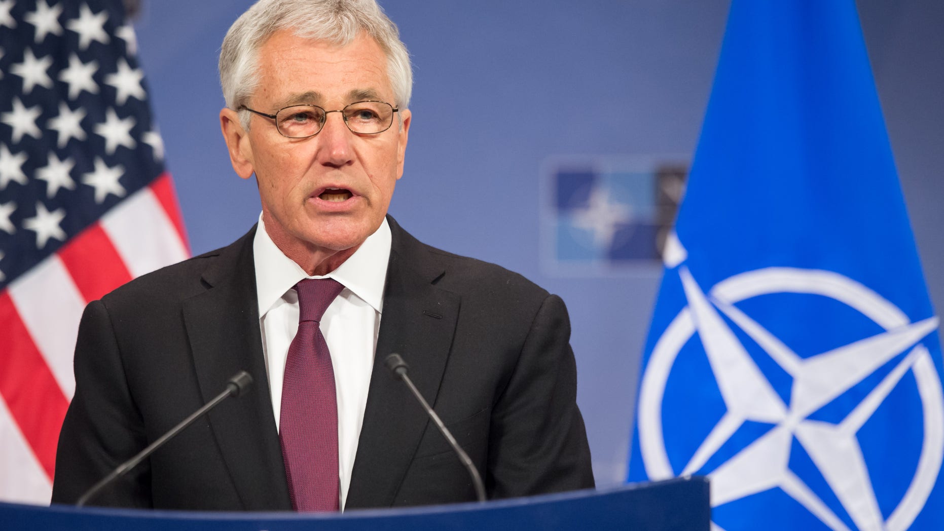 Feb. 27, 2014: U.S. Secretary of Defense Chuck Hagel addresses the media after a meeting of NATO defense ministers at NATO headquarters in Brussels.