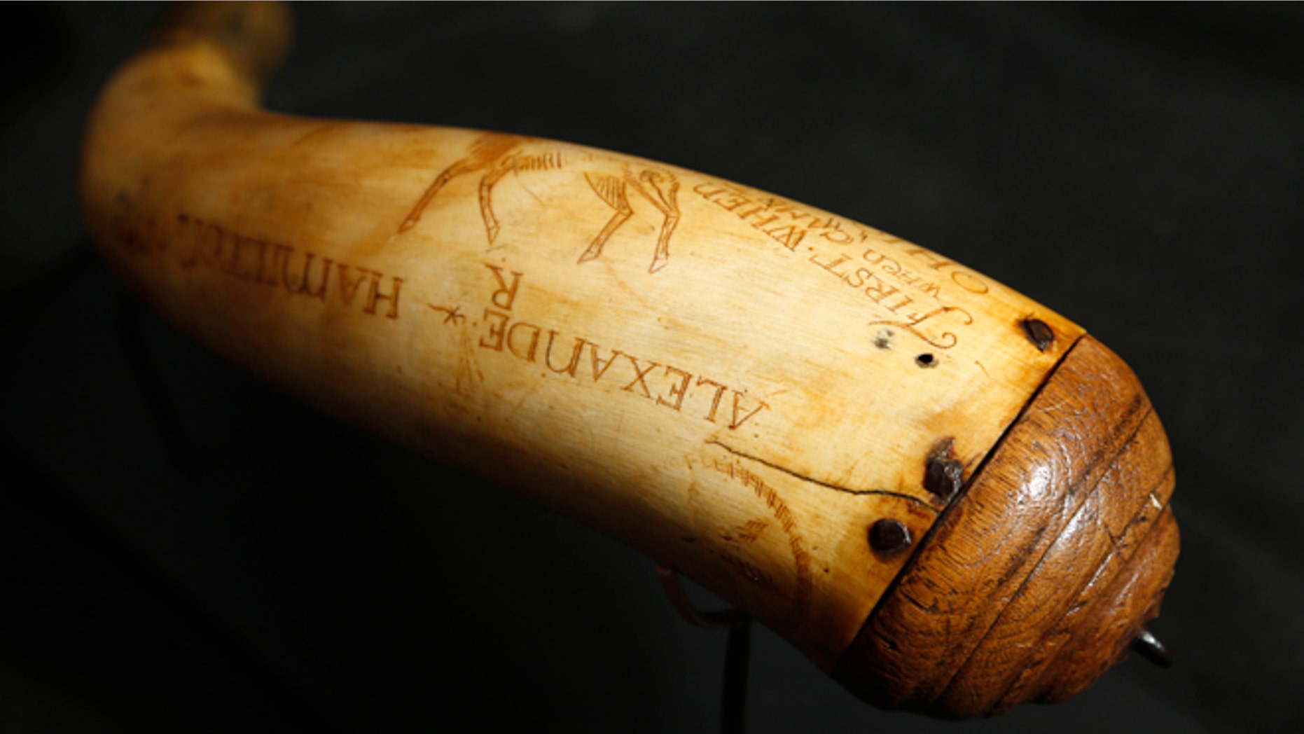 In a Tuesday, Dec. 15, 2015, photo, a horn believed to have been owned by Alexander Hamilton is photographed at Antique NJ in Closter, N.J. The horn will be put up for auction on Jan. 11, 2016. (AP Photo/Julio Cortez)