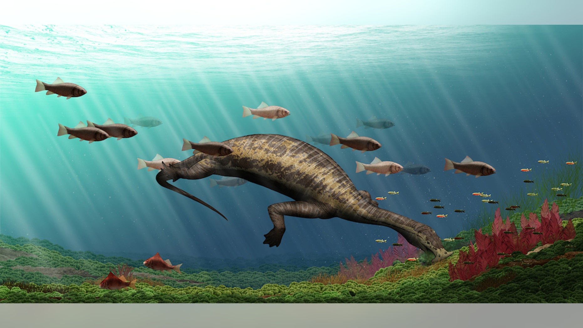An illustration of the reptilian "hammerhead" reptile, <i>Atopodentatus unicus</i>.
